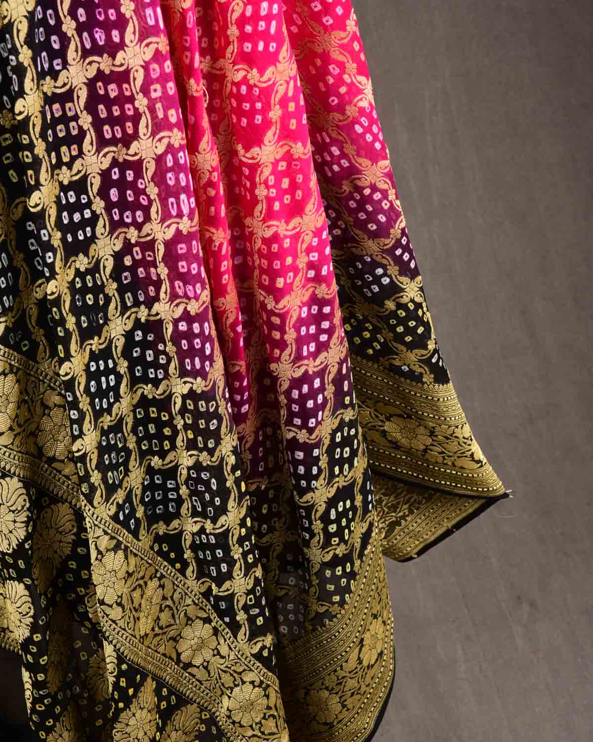 Rani Pink & Black Banarasi Gold Zari Cutwork Brocade Handwoven Khaddi Georgette Dupatta with 2-color Bandhej-HolyWeaves