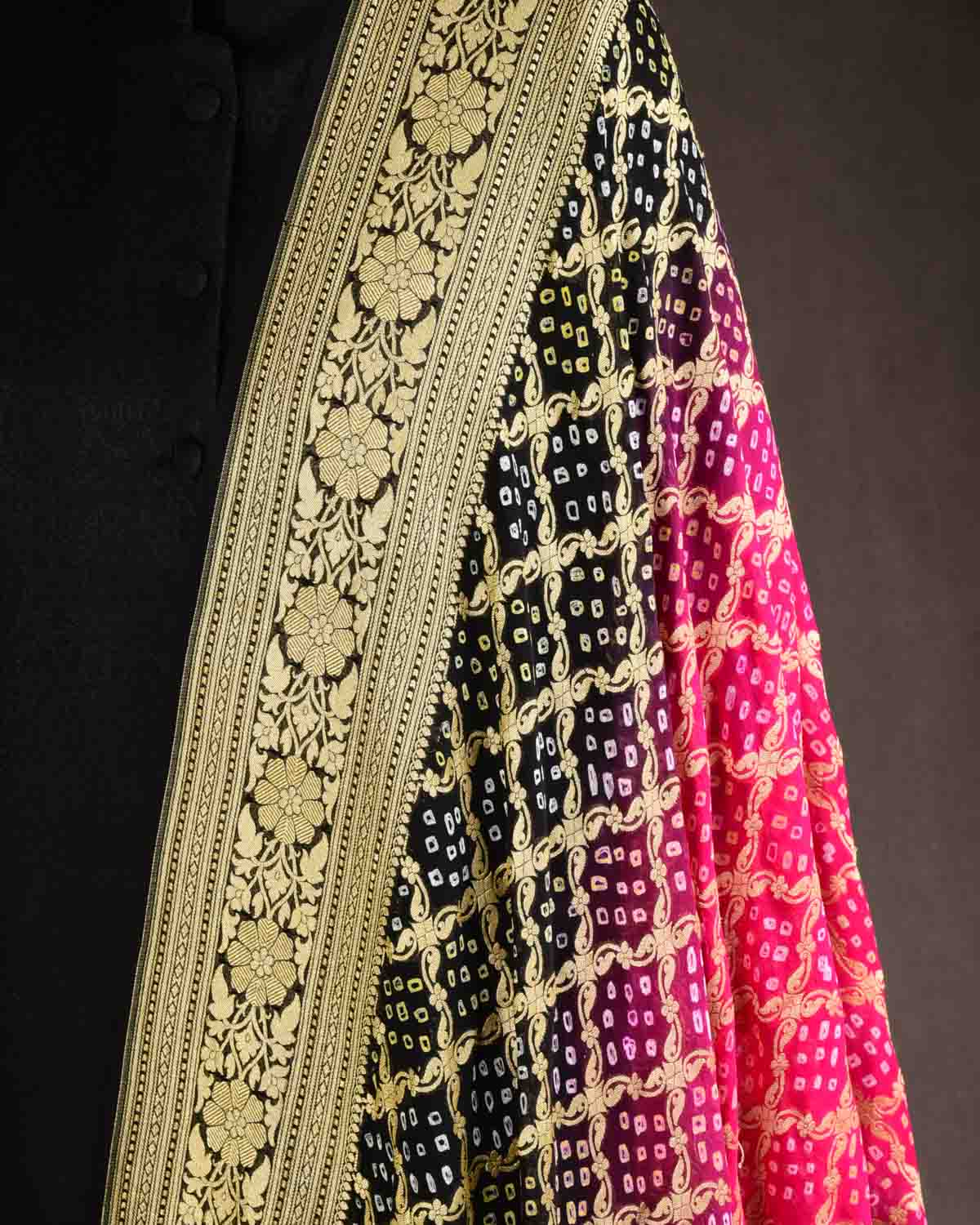 Rani Pink & Black Banarasi Gold Zari Cutwork Brocade Handwoven Khaddi Georgette Dupatta with 2-color Bandhej-HolyWeaves