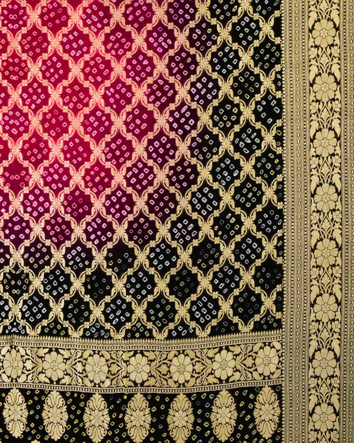 Rani Pink & Black Banarasi Gold Zari Cutwork Brocade Handwoven Khaddi Georgette Dupatta with 2-color Bandhej-HolyWeaves