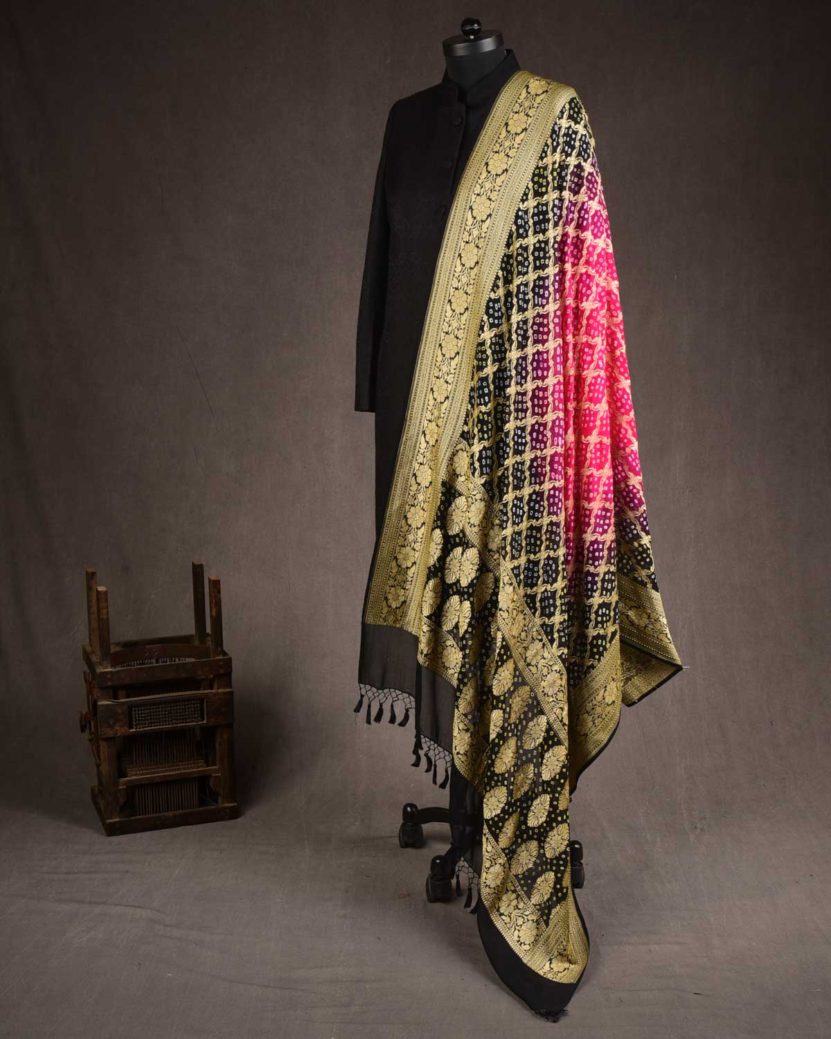 Rani Pink & Black Banarasi Gold Zari Cutwork Brocade Handwoven Khaddi Georgette Dupatta with 2-color Bandhej-HolyWeaves