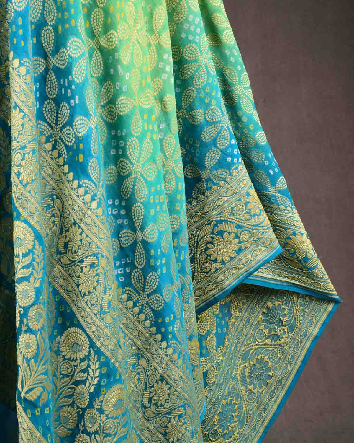 Ombre Green Blue Banarasi Gold Zari Cutwork Brocade Handwoven Khaddi Georgette Dupatta with 2-color Bandhej-HolyWeaves