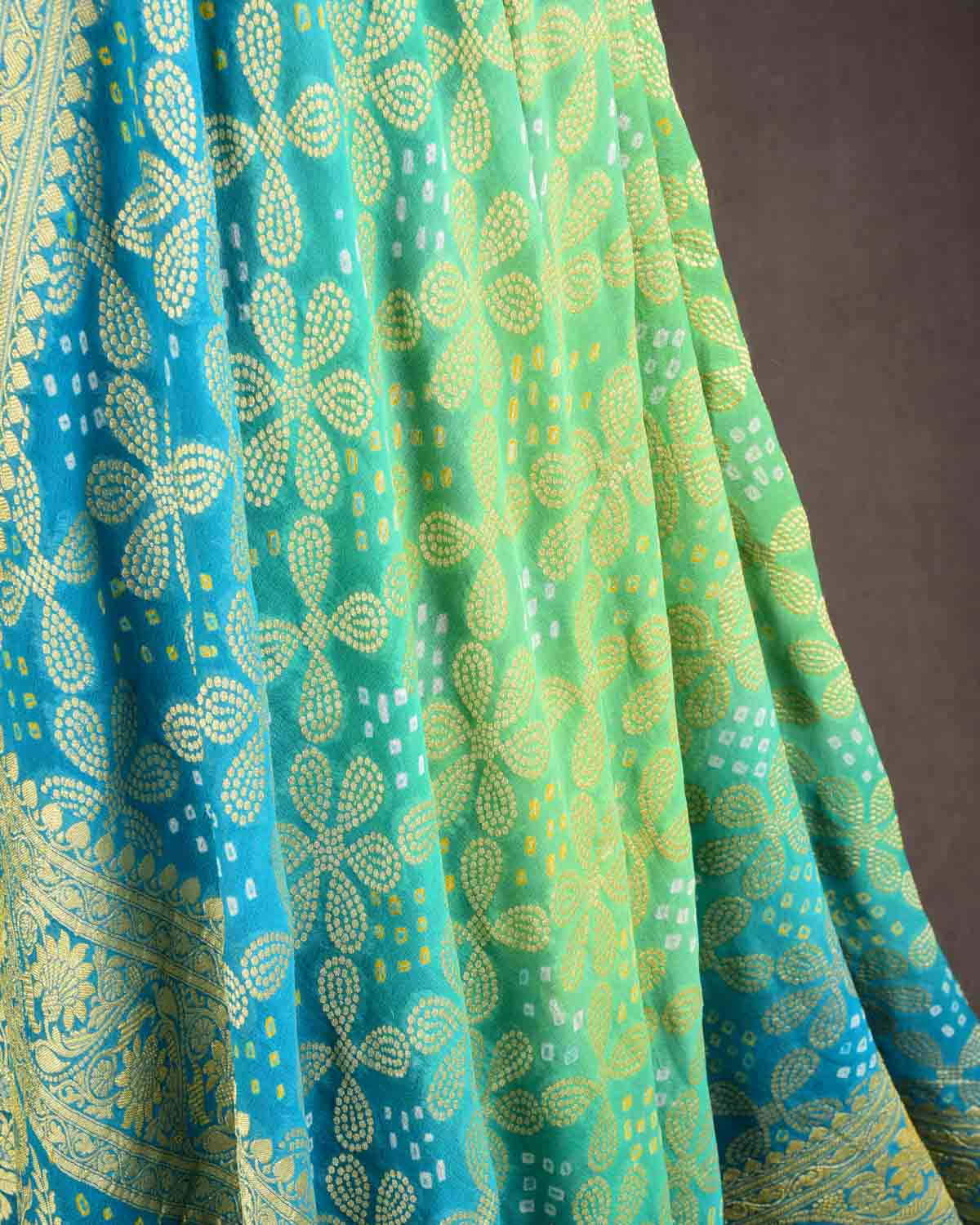 Ombre Green Blue Banarasi Gold Zari Cutwork Brocade Handwoven Khaddi Georgette Dupatta with 2-color Bandhej-HolyWeaves