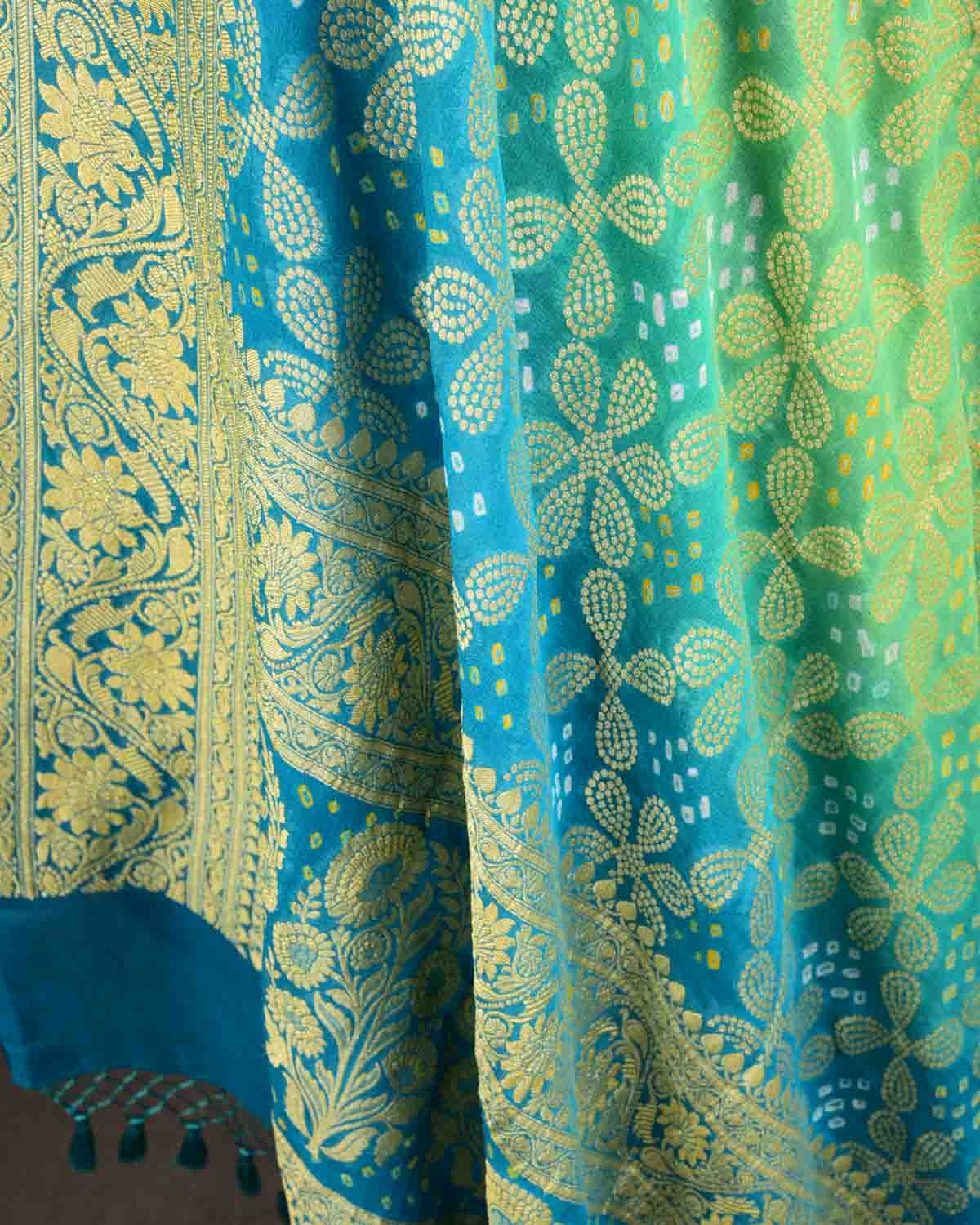 Ombre Green Blue Banarasi Gold Zari Cutwork Brocade Handwoven Khaddi Georgette Dupatta with 2-color Bandhej-HolyWeaves