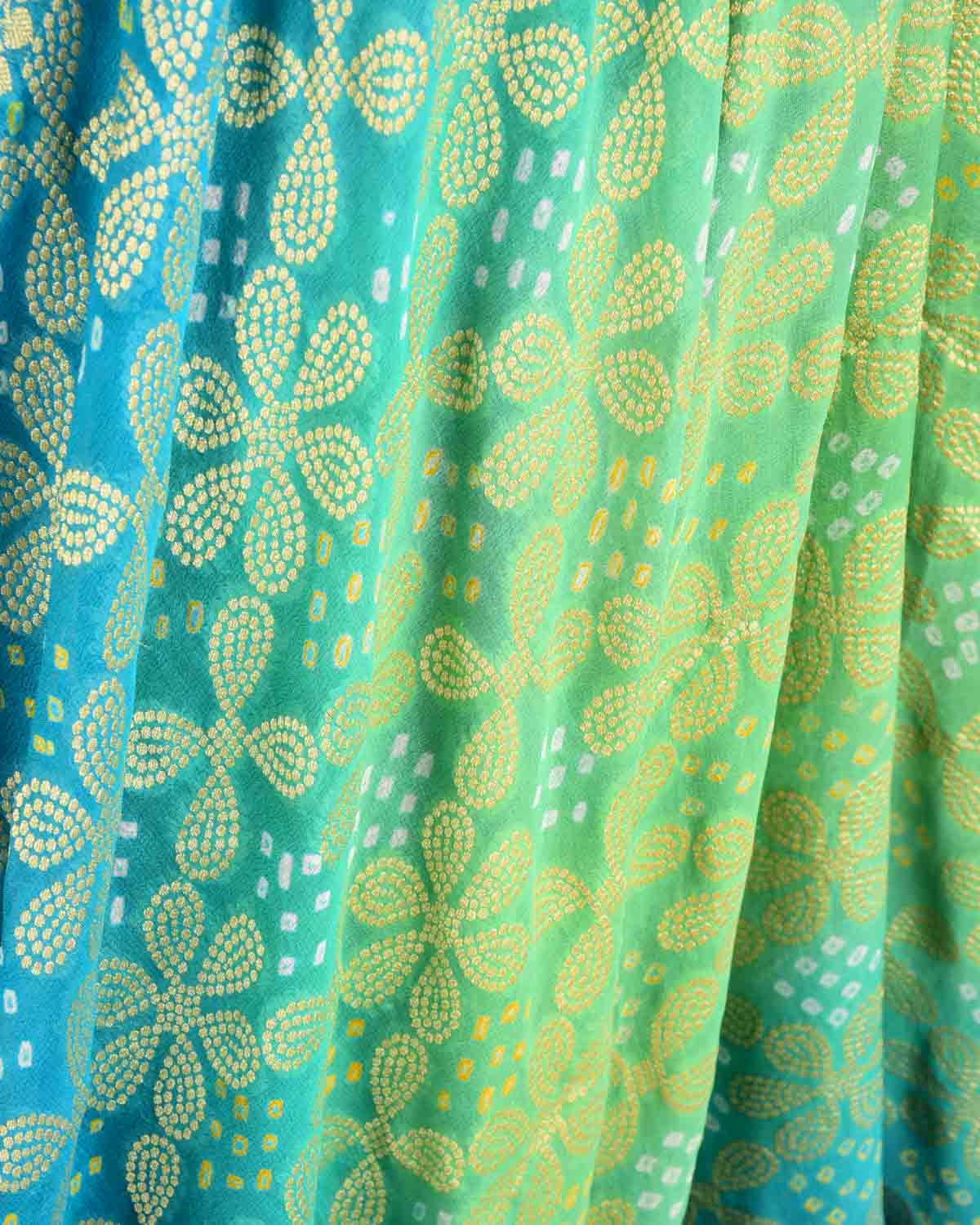 Ombre Green Blue Banarasi Gold Zari Cutwork Brocade Handwoven Khaddi Georgette Dupatta with 2-color Bandhej-HolyWeaves