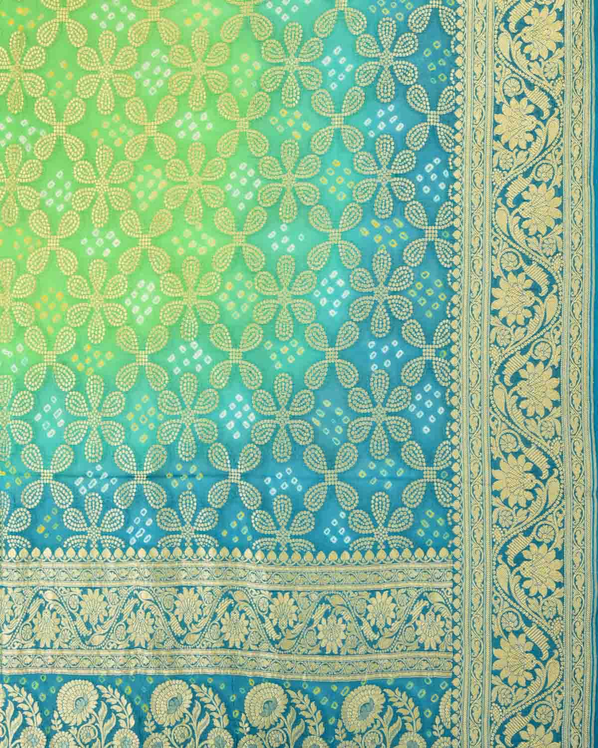 Ombre Green Blue Banarasi Gold Zari Cutwork Brocade Handwoven Khaddi Georgette Dupatta with 2-color Bandhej-HolyWeaves