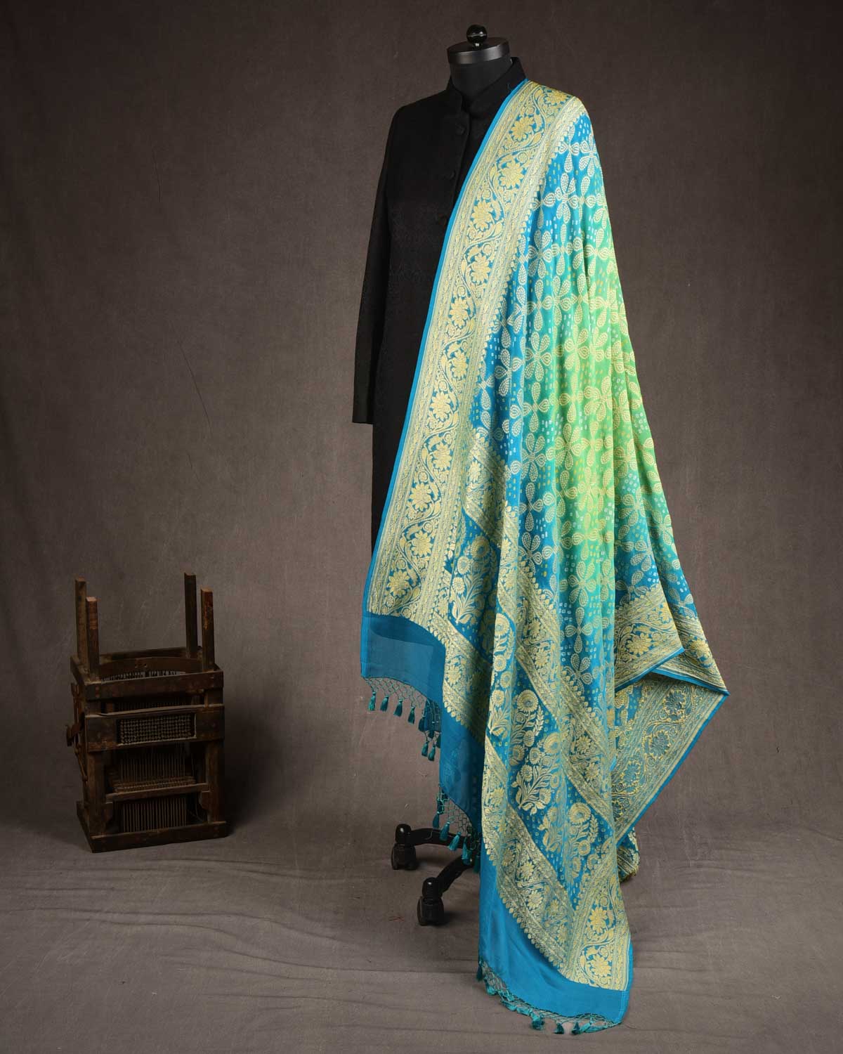 Ombre Green Blue Banarasi Gold Zari Cutwork Brocade Handwoven Khaddi Georgette Dupatta with 2-color Bandhej-HolyWeaves