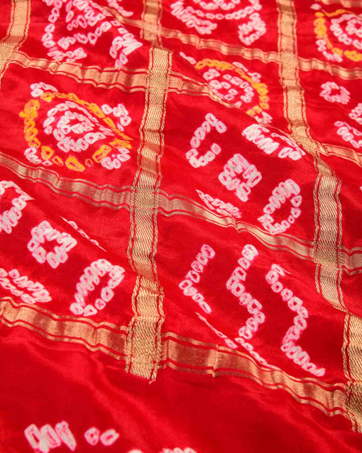 Red Banarasi Gold Zari Gharchola Bandhej Brocade Handwoven Silk Dupatta-HolyWeaves