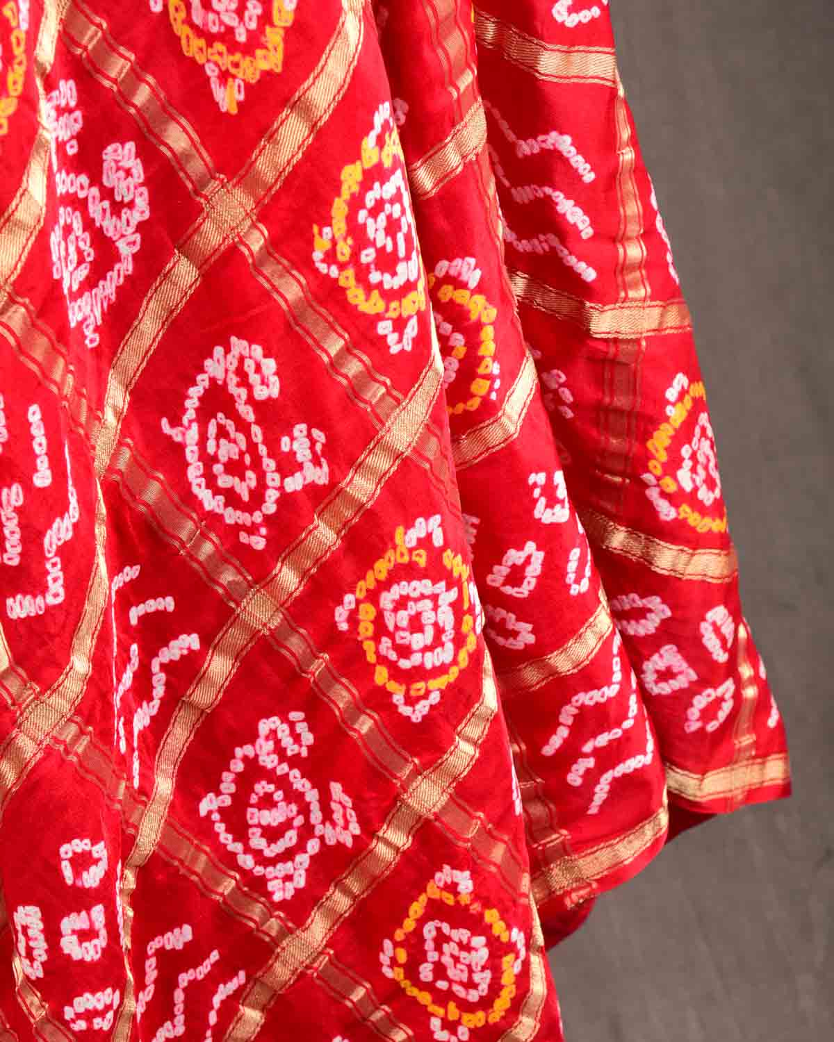 Red Banarasi Gold Zari Gharchola Bandhej Brocade Handwoven Silk Dupatta-HolyWeaves