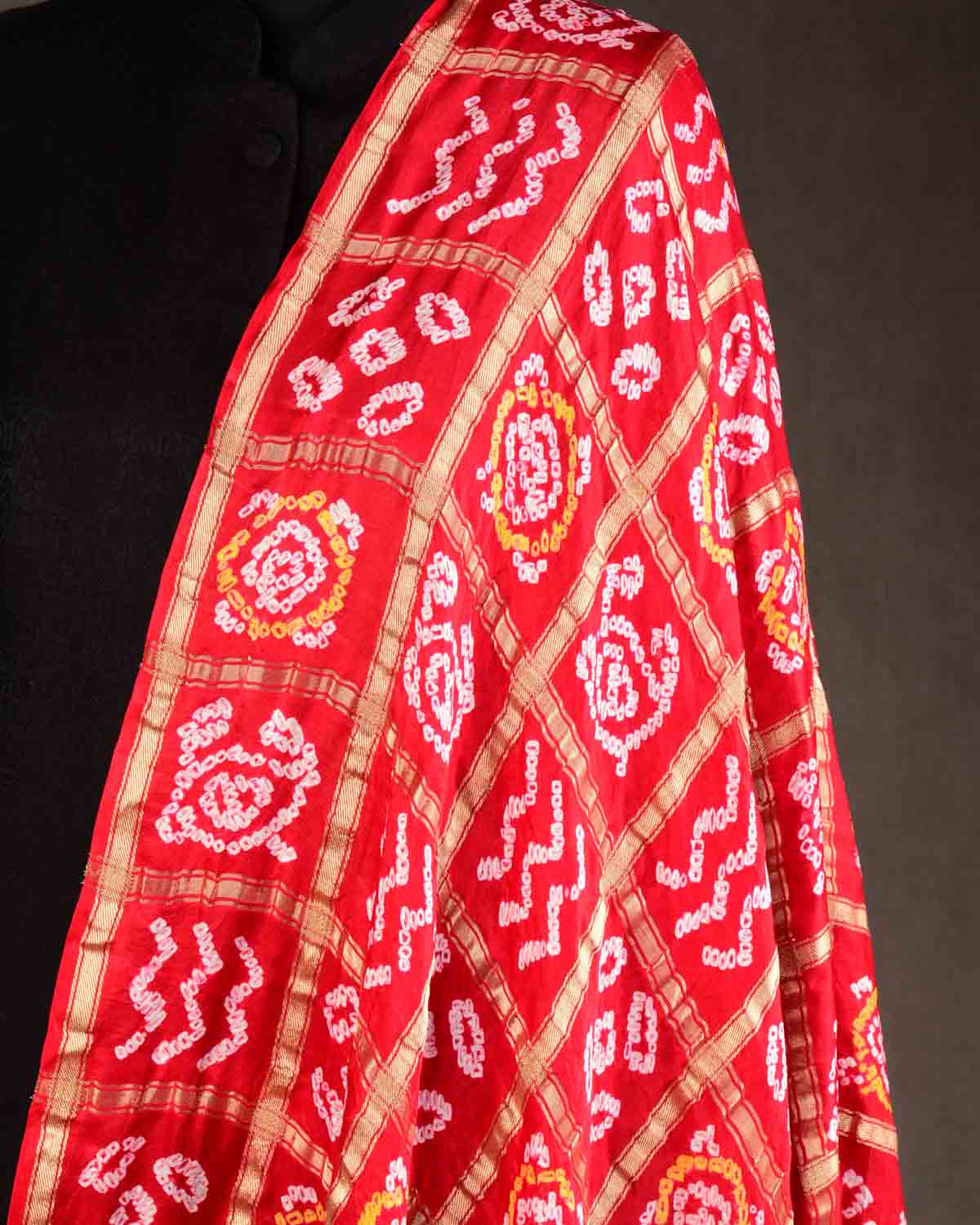 Red Banarasi Gold Zari Gharchola Bandhej Brocade Handwoven Silk Dupatta-HolyWeaves