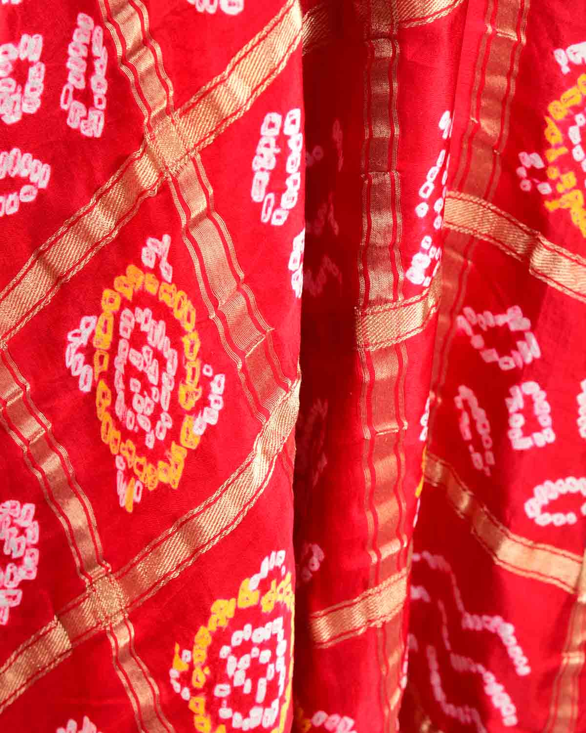 Red Banarasi Gold Zari Gharchola Bandhej Brocade Handwoven Silk Dupatta-HolyWeaves