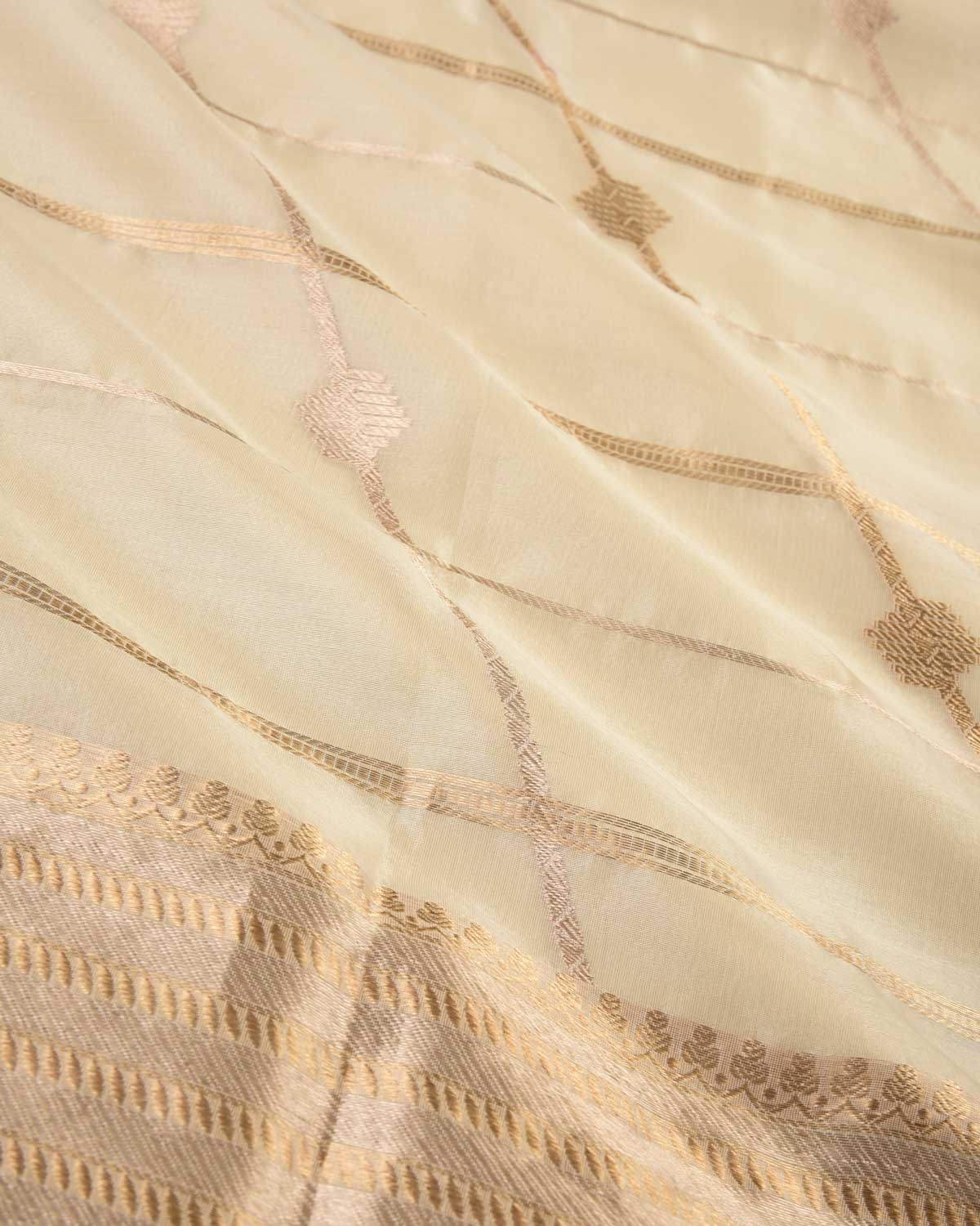 White Banarasi Gold & Silver Zari Diagonal Stripes Kadhuan Brocade Handwoven Kora Silk Dupatta-HolyWeaves