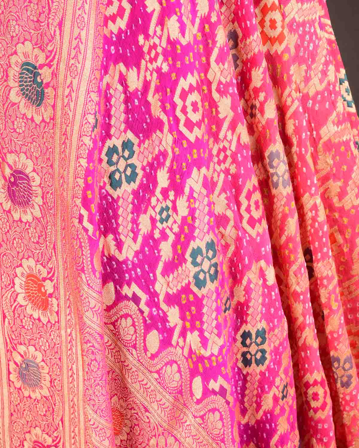 Ombre Pink Banarasi Gold Zari Brocade Handwoven Khaddi Georgette Dupatta with 2-color Bandhej-HolyWeaves