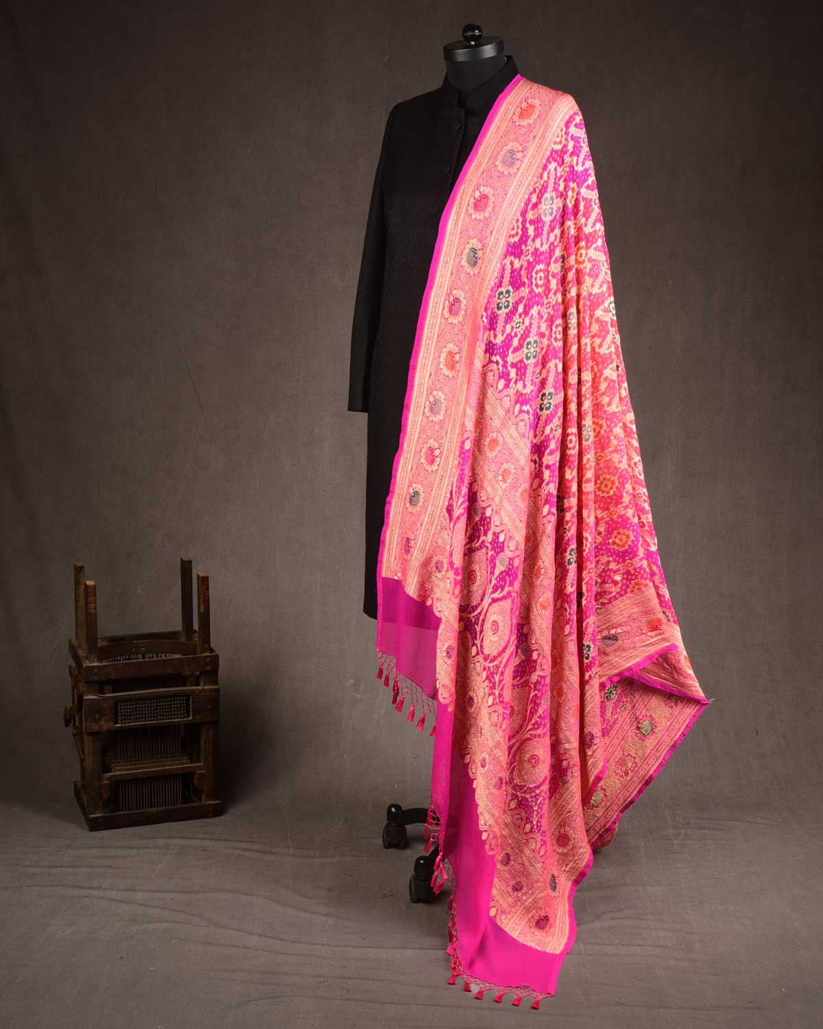 Ombre Pink Banarasi Gold Zari Brocade Handwoven Khaddi Georgette Dupatta with 2-color Bandhej-HolyWeaves