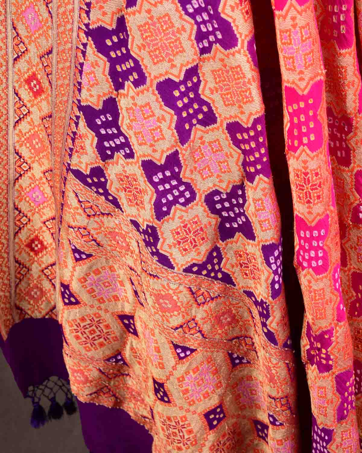 Ombre Pink-Purple Banarasi Gold Zari Brocade Handwoven Khaddi Georgette Dupatta with 2-color Bandhej-HolyWeaves