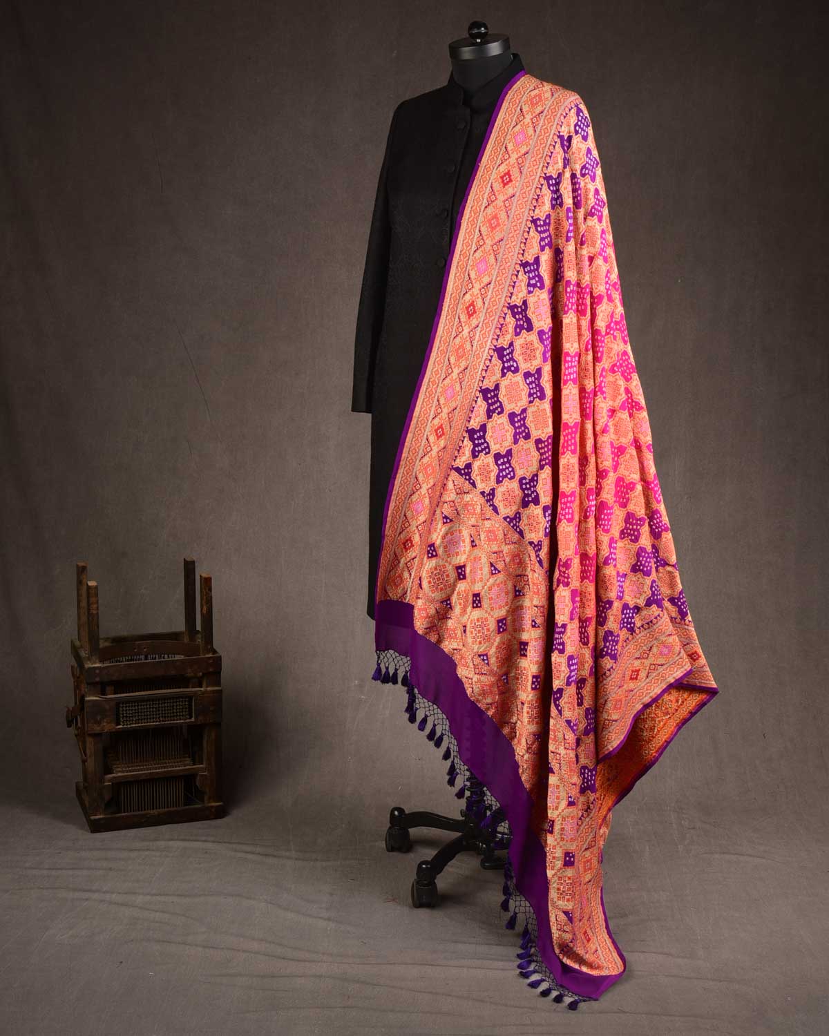 Ombre Pink-Purple Banarasi Gold Zari Brocade Handwoven Khaddi Georgette Dupatta with 2-color Bandhej-HolyWeaves