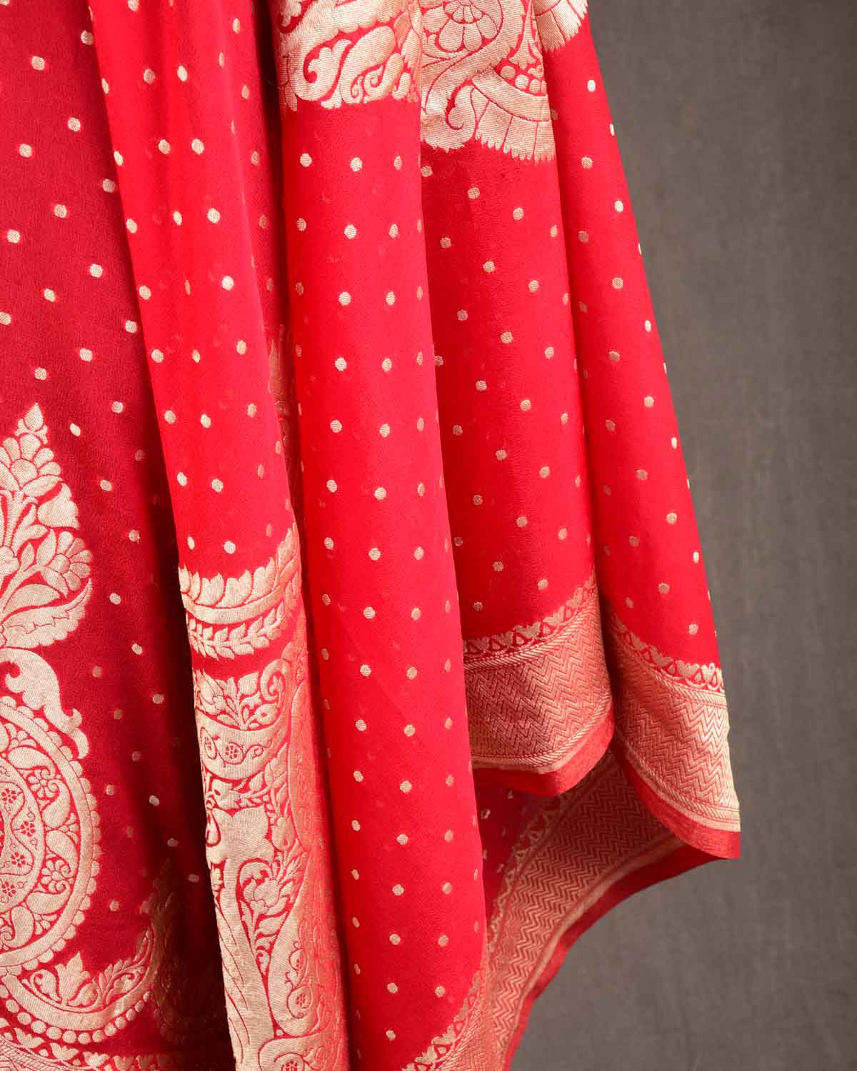 Bridal Red Banarasi Gold Zari Polka Dots Cutwork Brocade Handwoven Khaddi Georgette Dupatta with Large Pallu-HolyWeaves