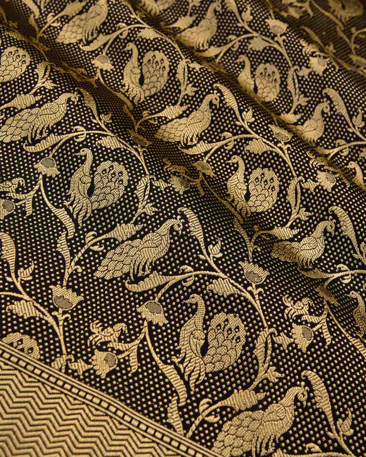 Black Banarasi Gold Zari Peacock Jaal Brocade Handwoven Katan Silk Dupatta-HolyWeaves