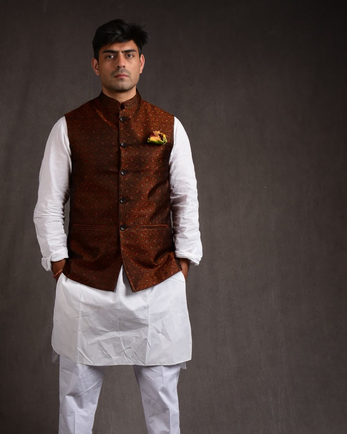 Black Tehra Jamawar Silk Mens Modi Jacket-HolyWeaves