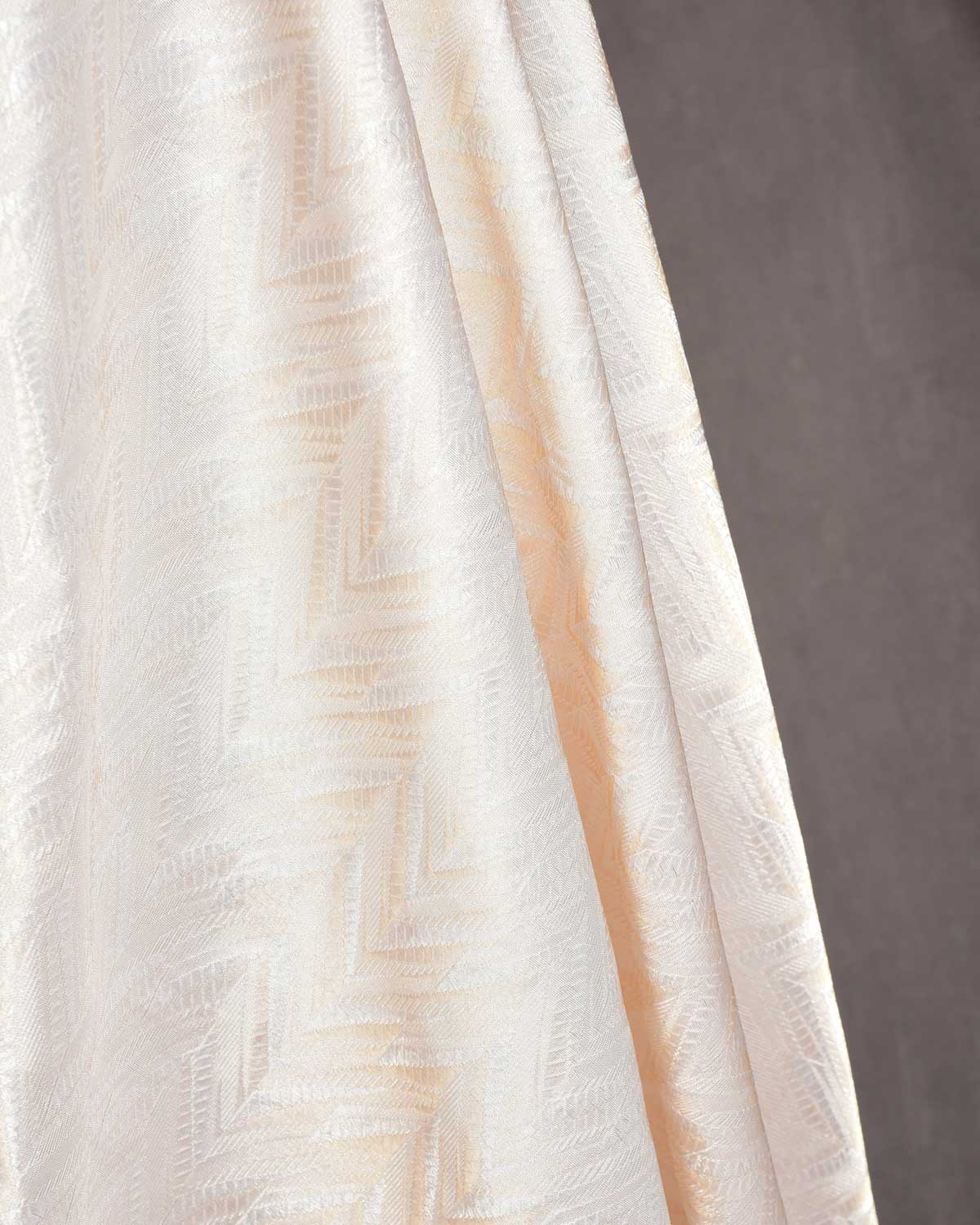 Metallic Cream Banarasi Alfi Gold & Silver Zari Chevron Brocade Handwoven Katan Silk Fabric-HolyWeaves