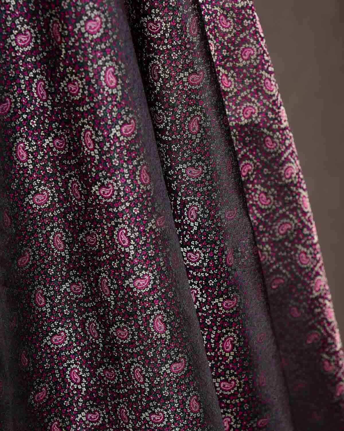 Magenta Green Silver On Black Tehri Paisley Jamawar Handwoven Katan Silk Banarasi Fabric-HolyWeaves