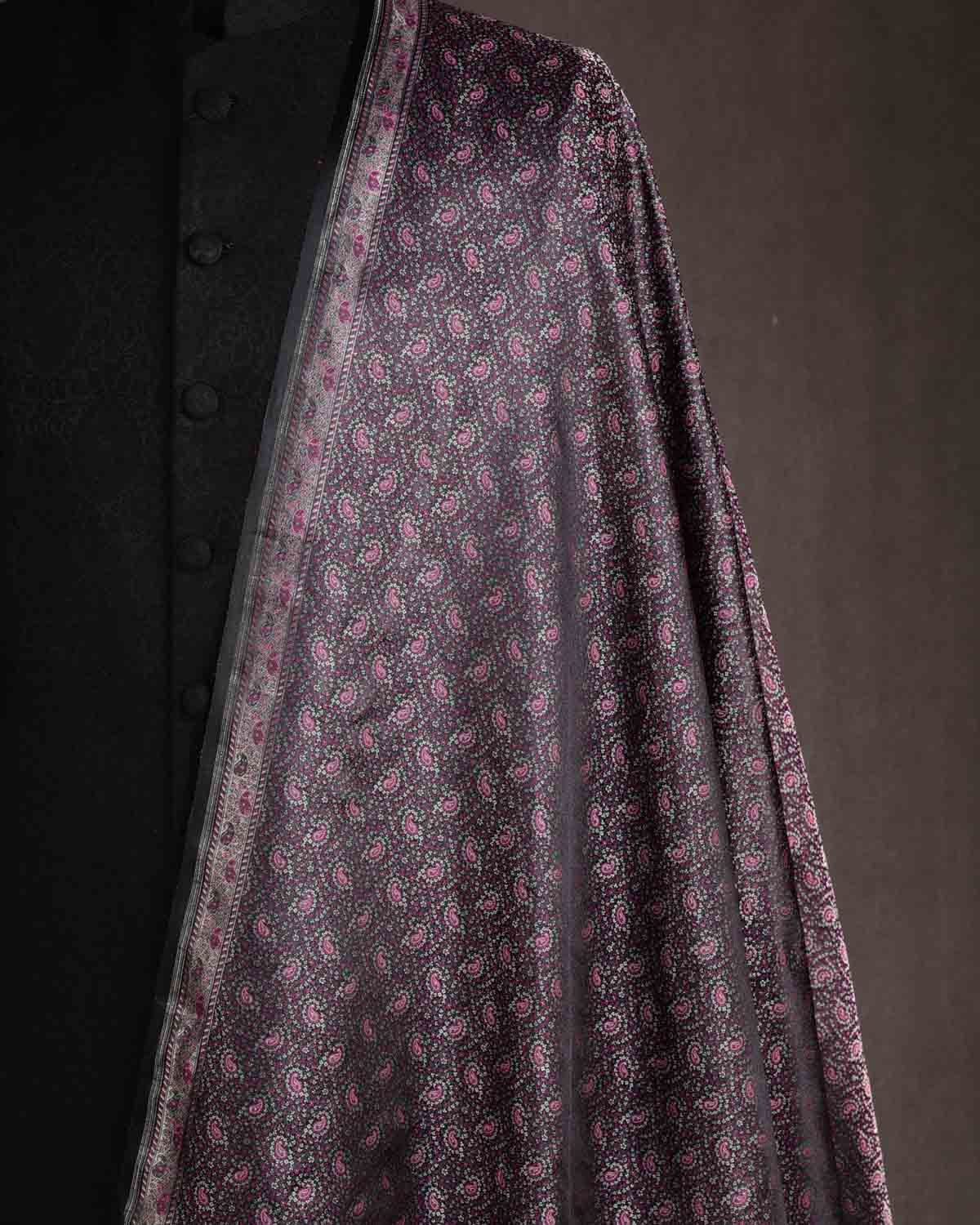 Magenta Green Silver On Black Tehri Paisley Jamawar Handwoven Katan Silk Banarasi Fabric-HolyWeaves