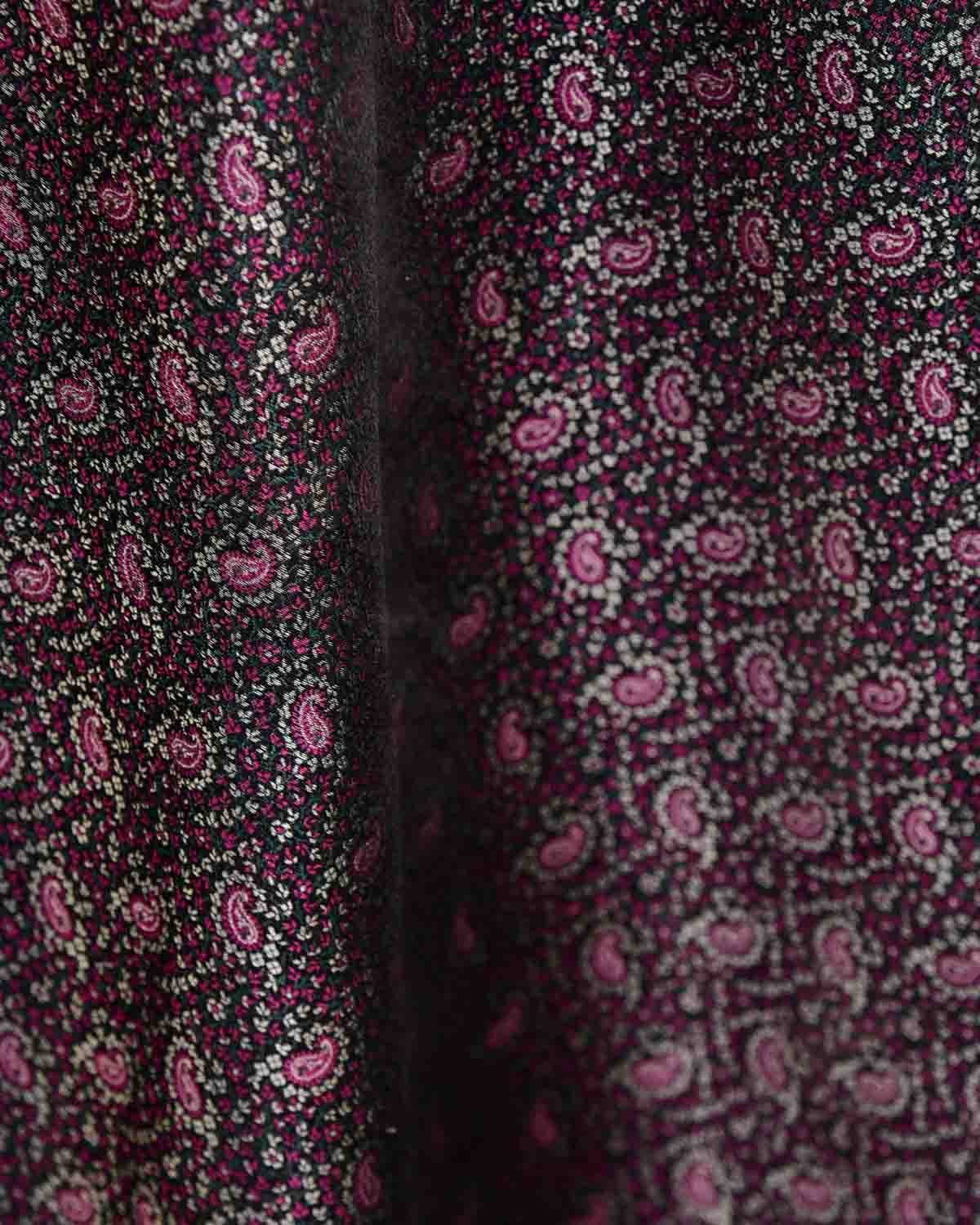 Magenta Green Silver On Black Tehri Paisley Jamawar Handwoven Katan Silk Banarasi Fabric-HolyWeaves