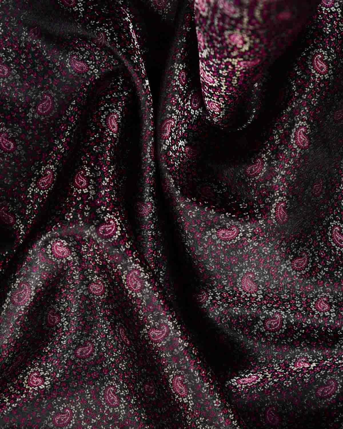 Magenta Green Silver On Black Tehri Paisley Jamawar Handwoven Katan Silk Banarasi Fabric-HolyWeaves