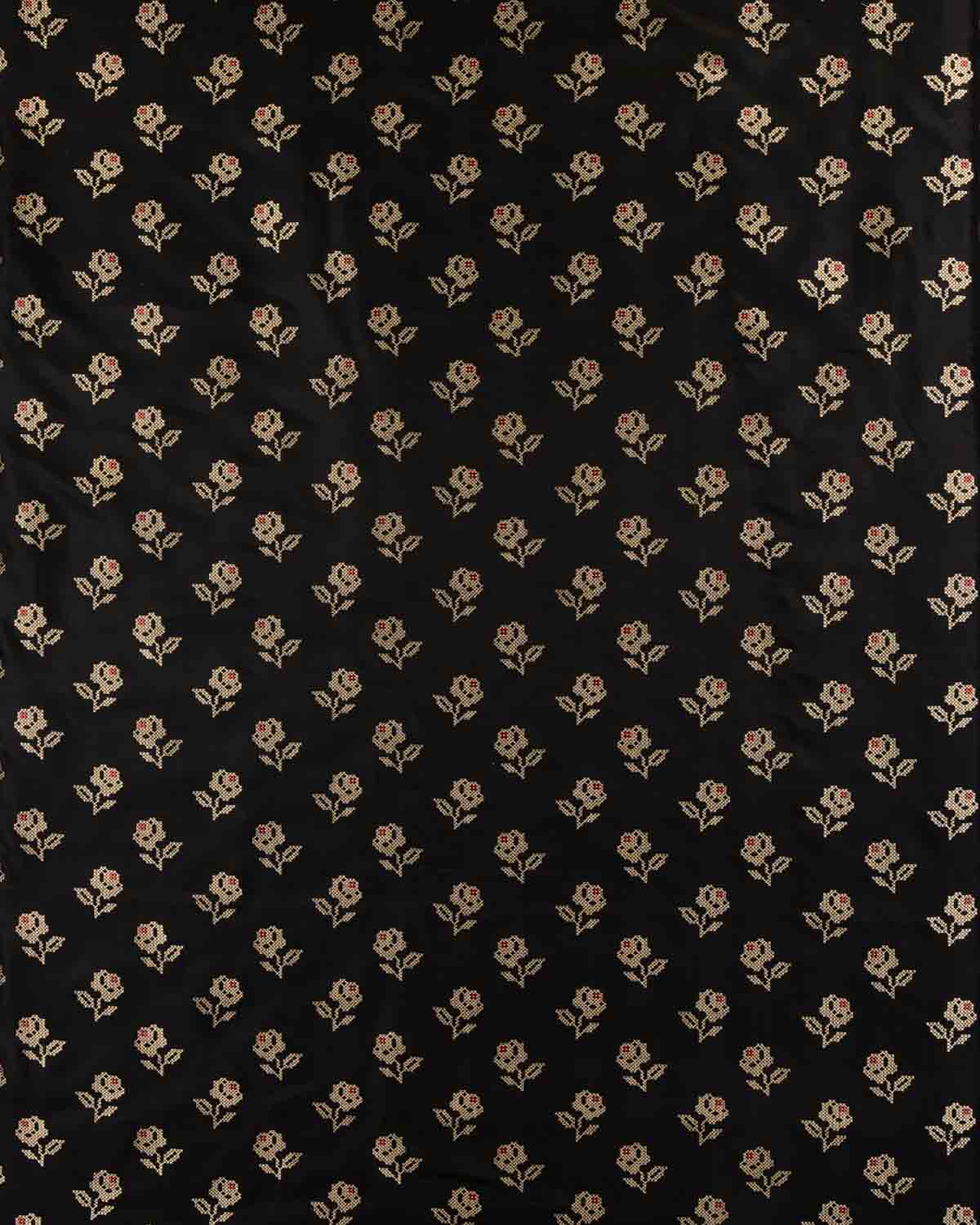 Black Banarasi Gold Zari Cross-Stitch Rose Buti Cutwork Brocade Handwoven Katan Silk Fabric-HolyWeaves