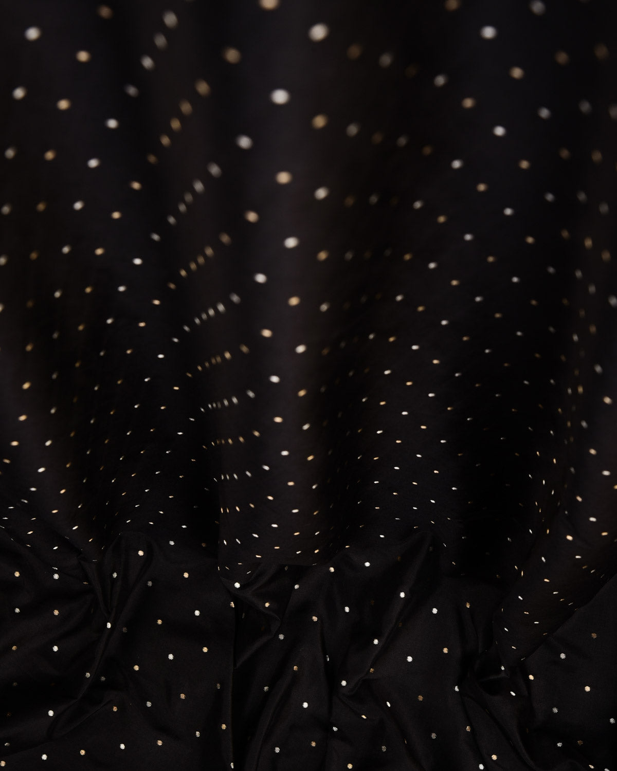 Black Banarasi Gold & Silver Zari Polka Dots Cutwork Brocade Handwoven Katan Silk Fabric-HolyWeaves