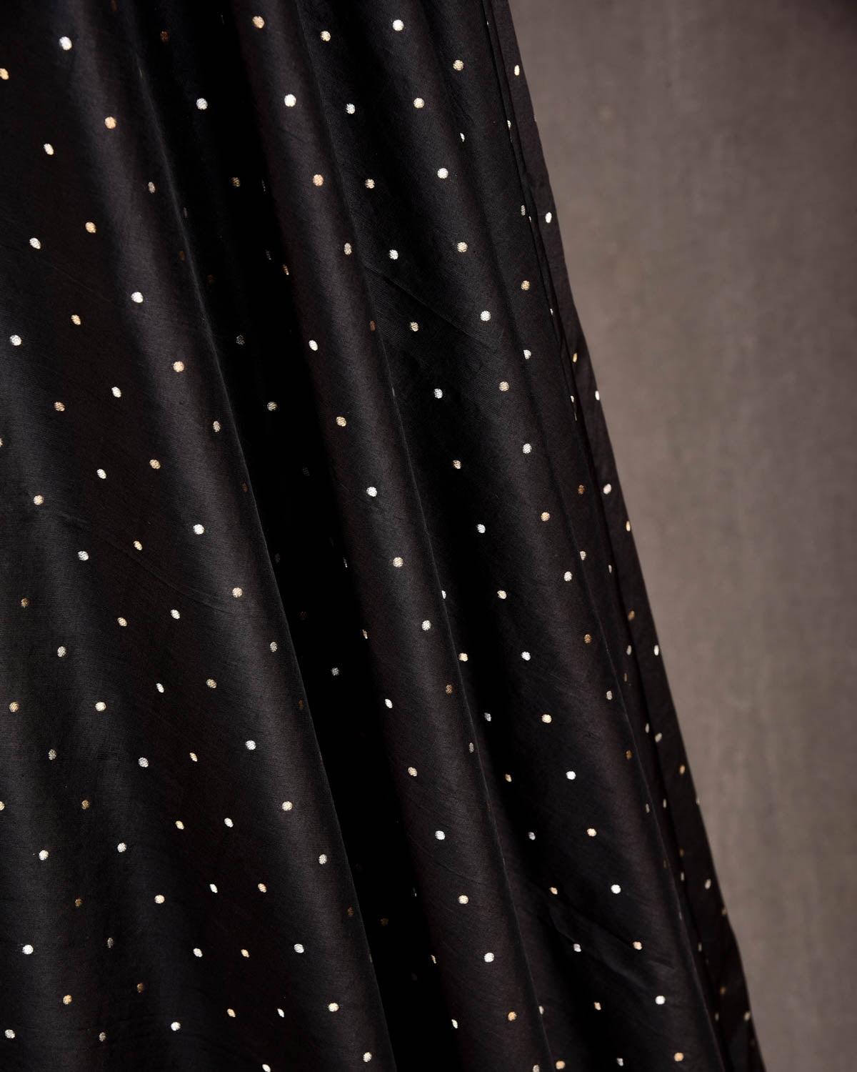 Black Banarasi Gold & Silver Zari Polka Dots Cutwork Brocade Handwoven Katan Silk Fabric-HolyWeaves