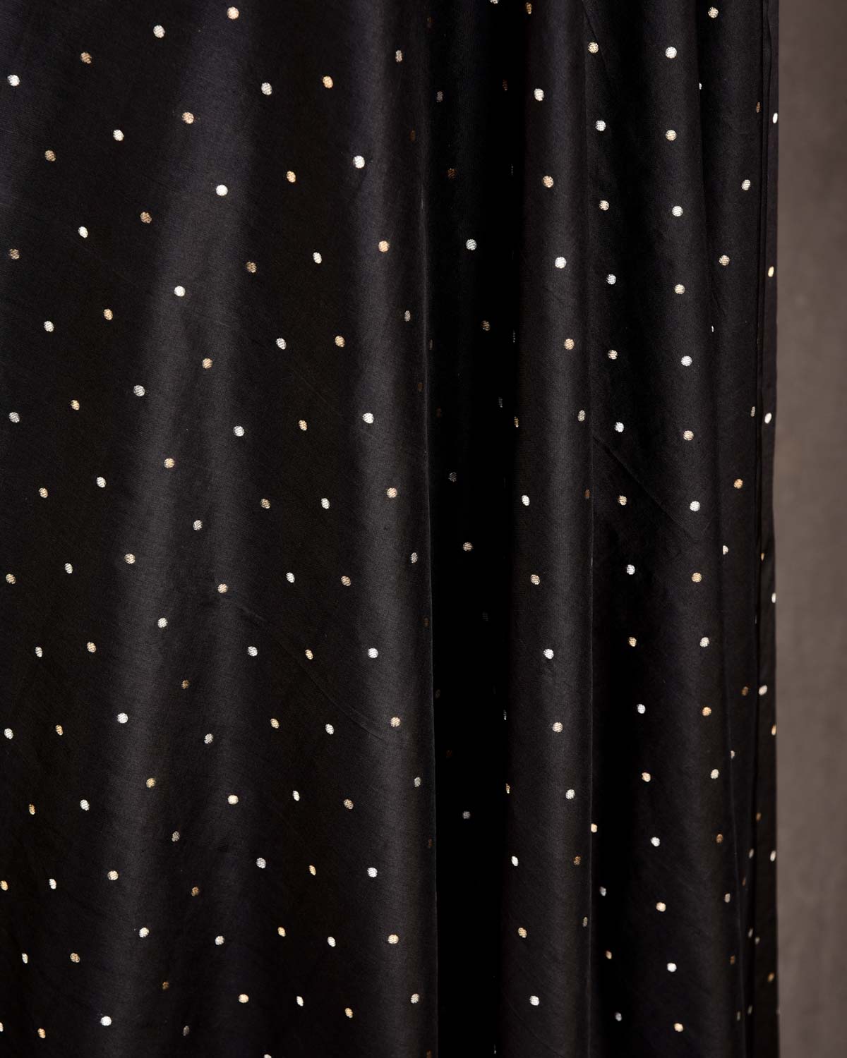 Black Banarasi Gold & Silver Zari Polka Dots Cutwork Brocade Handwoven Katan Silk Fabric-HolyWeaves