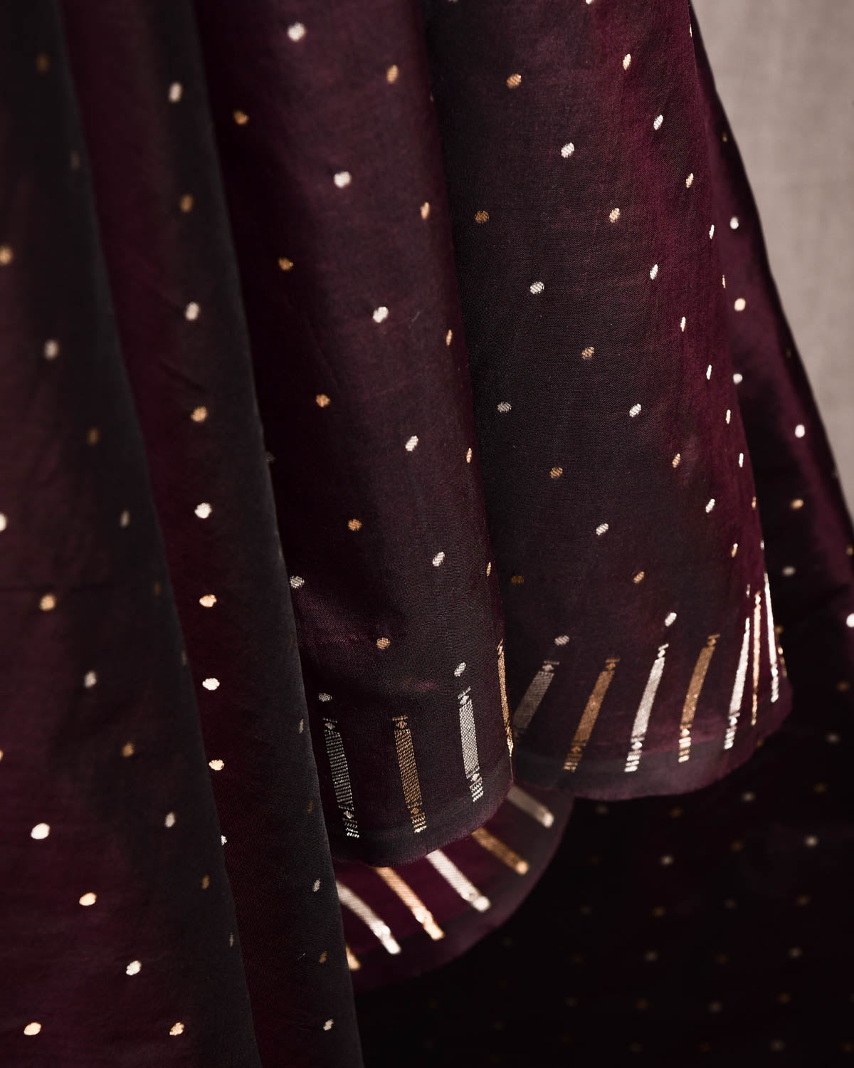 Mahogany Banarasi Gold & Silver Zari Polka Dots Cutwork Brocade Handwoven Katan Silk Fabric-HolyWeaves