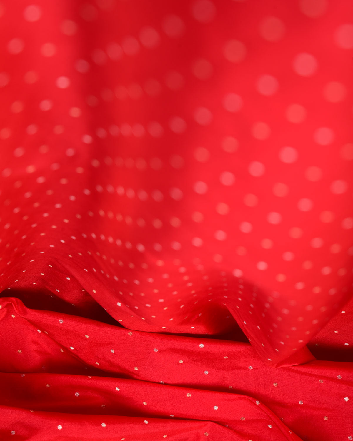 Red Banarasi Gold & Silver Zari Polka Dots Cutwork Brocade Handwoven Katan Silk Fabric-HolyWeaves