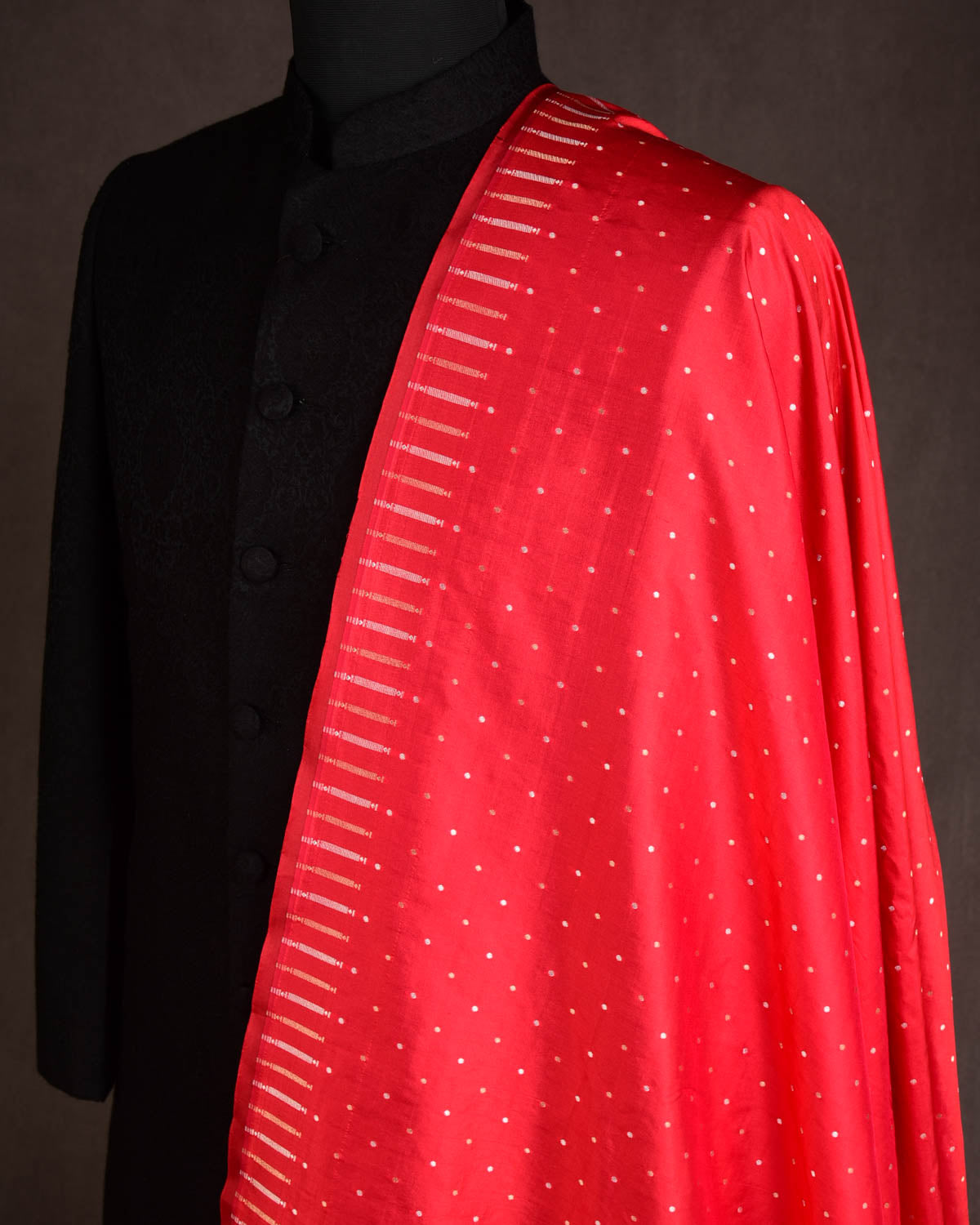 Red Banarasi Gold & Silver Zari Polka Dots Cutwork Brocade Handwoven Katan Silk Fabric-HolyWeaves