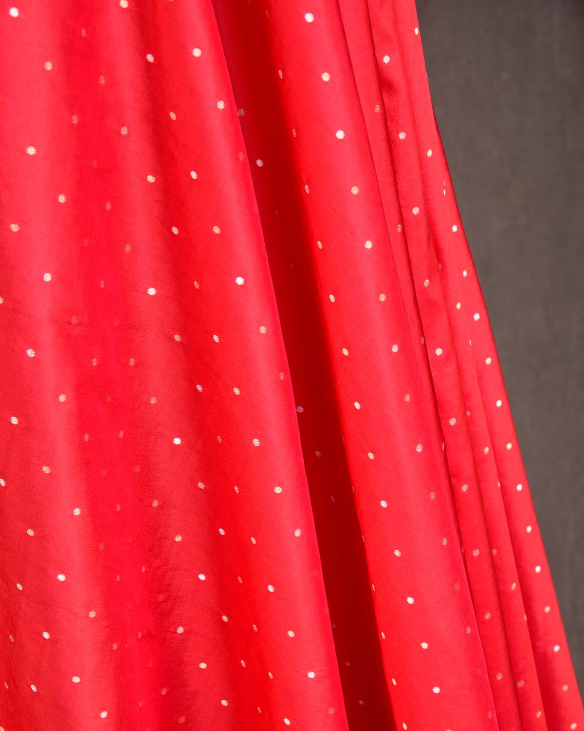 Red Banarasi Gold & Silver Zari Polka Dots Cutwork Brocade Handwoven Katan Silk Fabric-HolyWeaves