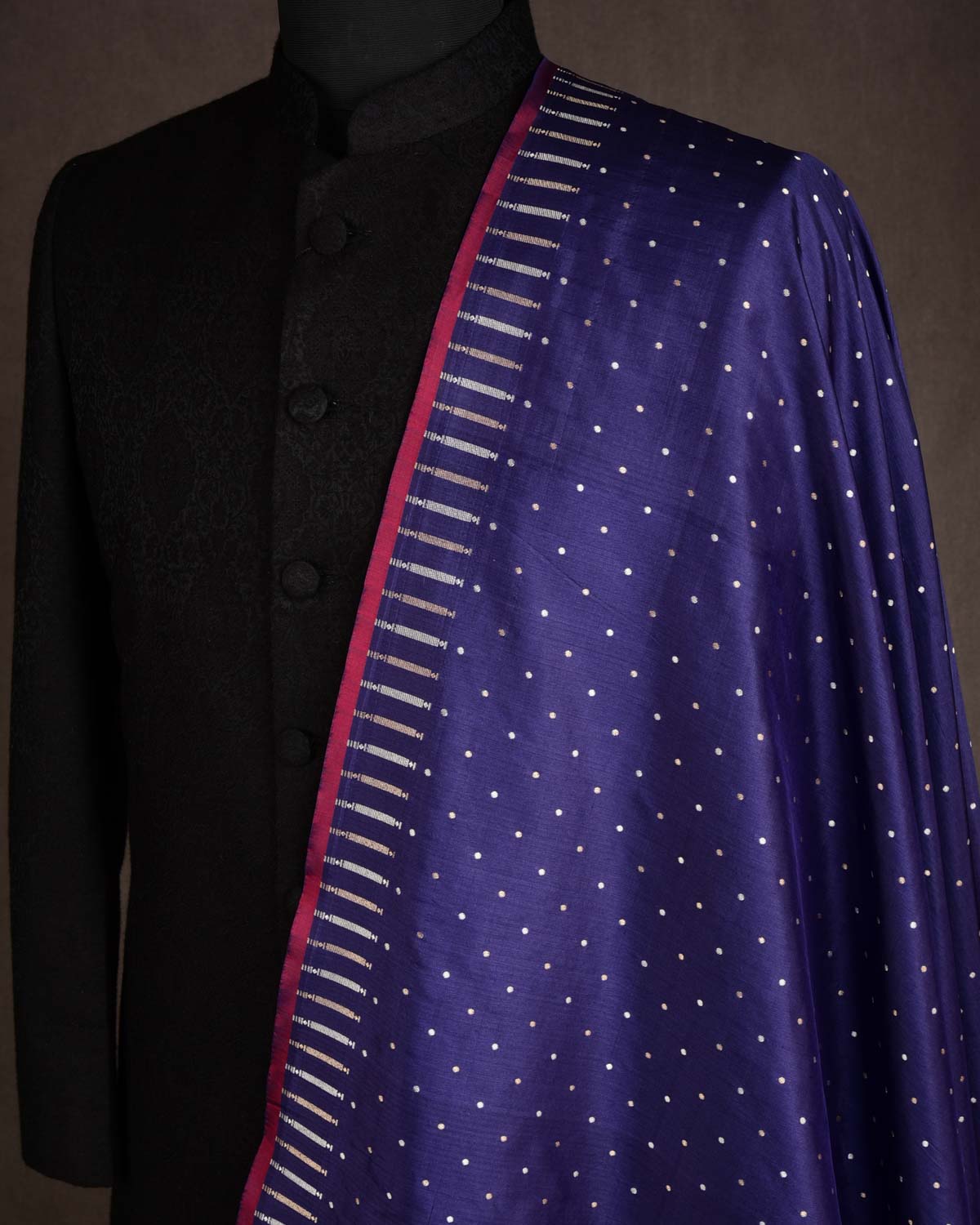 Navy Blue Banarasi Gold & Silver Zari Polka Dots Cutwork Brocade Handwoven Katan Silk Fabric-HolyWeaves