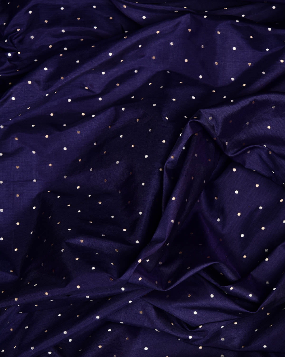 Navy Blue Banarasi Gold & Silver Zari Polka Dots Cutwork Brocade Handwoven Katan Silk Fabric-HolyWeaves