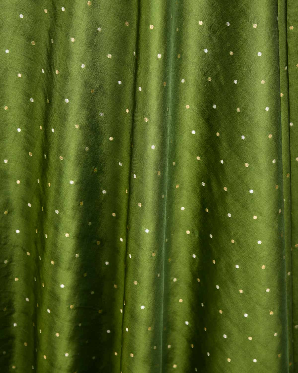 Olive Green Banarasi Gold & Silver Zari Polka Dots Cutwork Brocade Handwoven Katan Silk Fabric-HolyWeaves