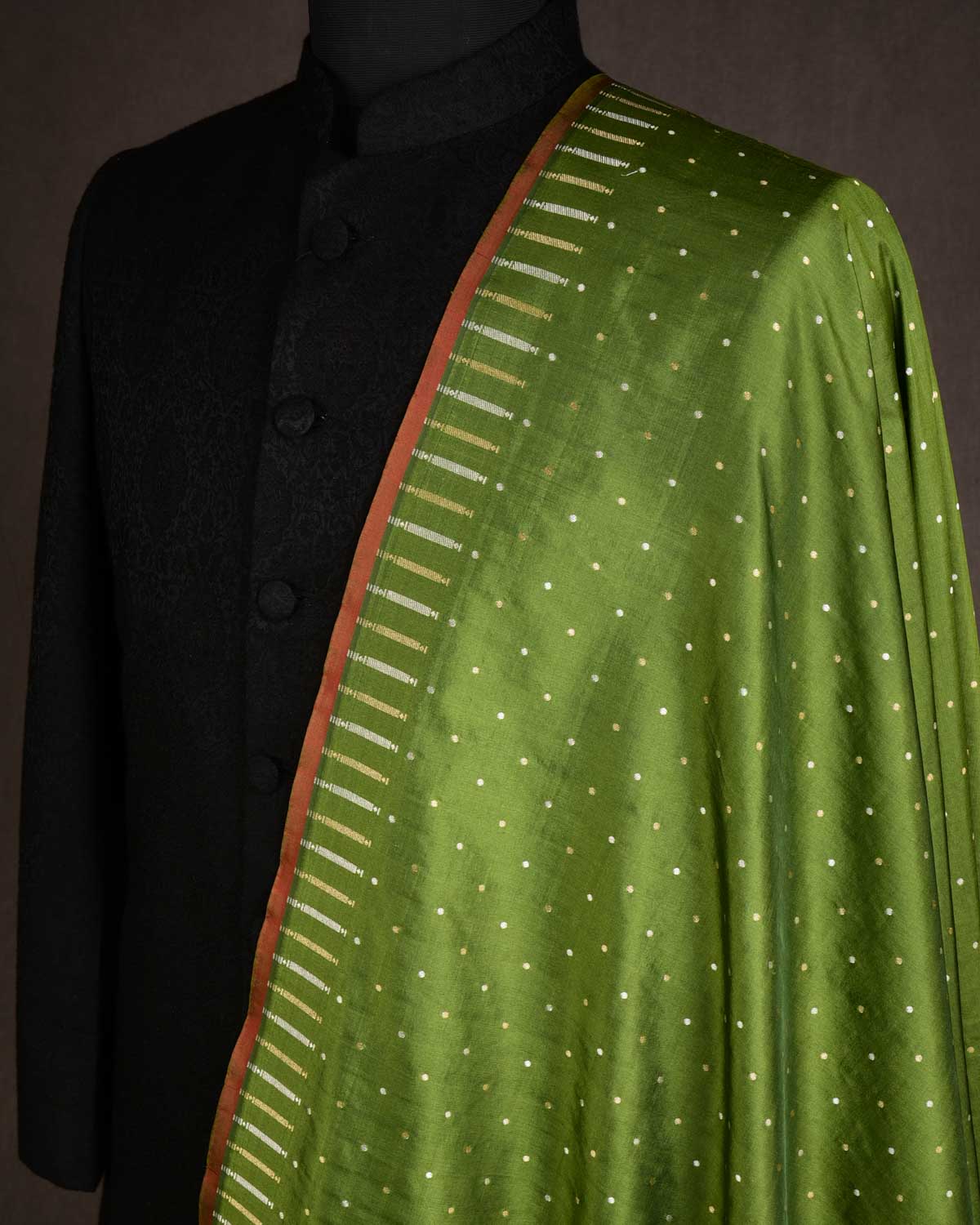 Olive Green Banarasi Gold & Silver Zari Polka Dots Cutwork Brocade Handwoven Katan Silk Fabric-HolyWeaves