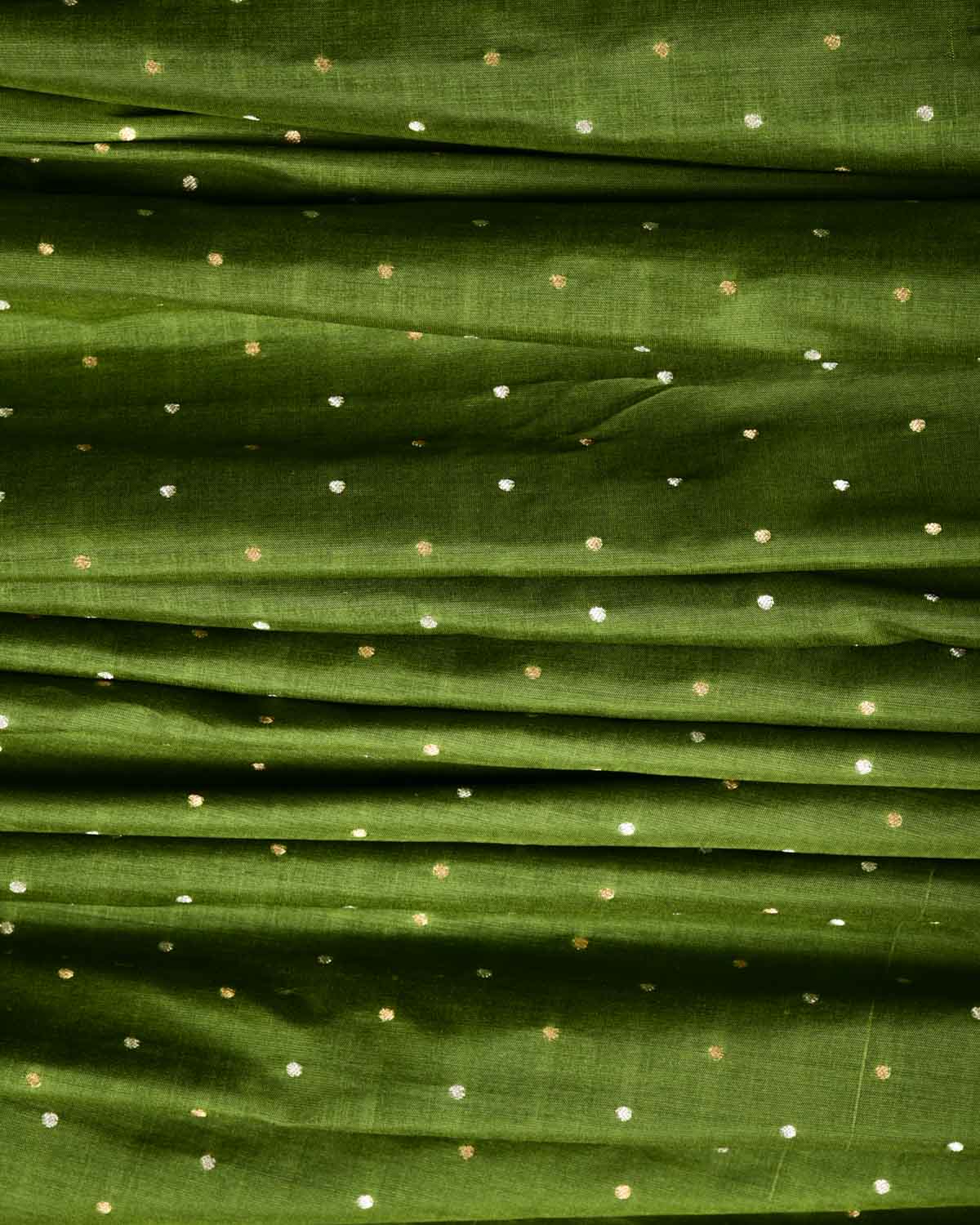 Olive Green Banarasi Gold & Silver Zari Polka Dots Cutwork Brocade Handwoven Katan Silk Fabric-HolyWeaves