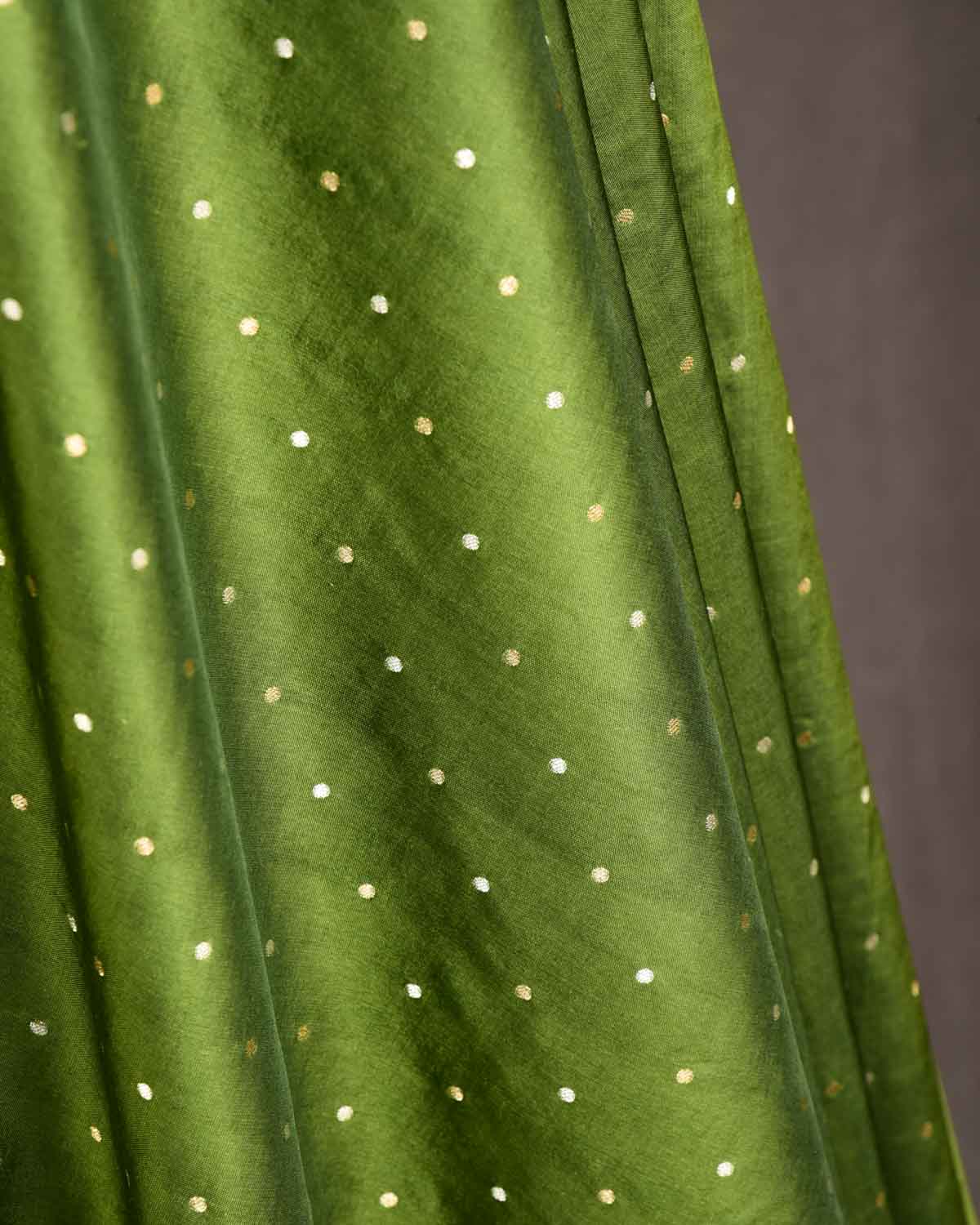 Olive Green Banarasi Gold & Silver Zari Polka Dots Cutwork Brocade Handwoven Katan Silk Fabric-HolyWeaves