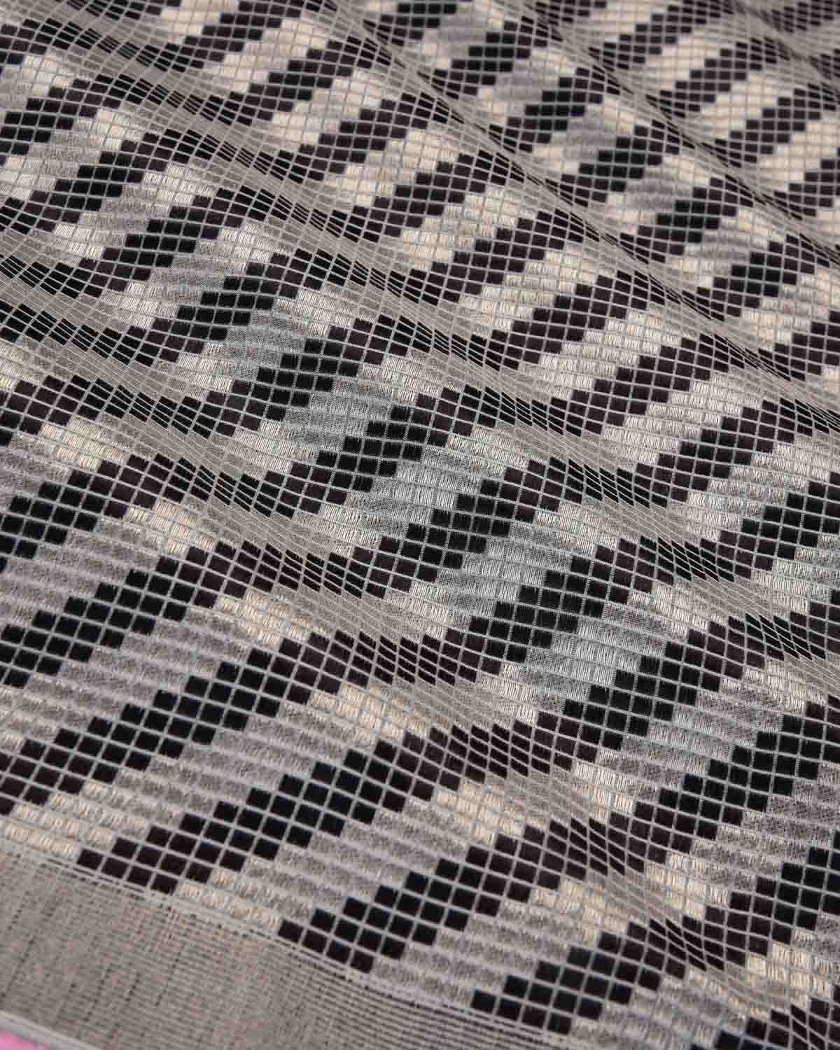 Metallic Gray Banarasi Chequered Silver Zari And Black Resham Brocade Handwoven Katan Silk Fabric-HolyWeaves