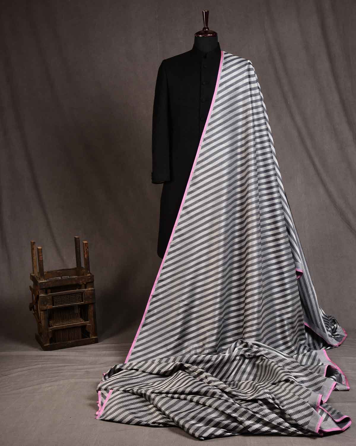 Metallic Gray Banarasi Chequered Silver Zari And Black Resham Brocade Handwoven Katan Silk Fabric-HolyWeaves