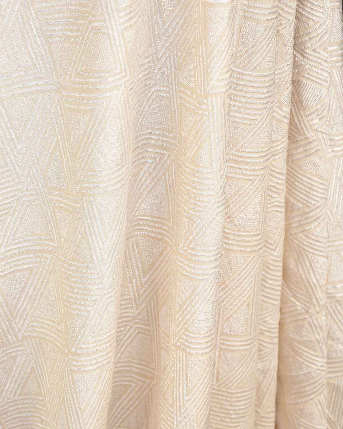 Beige Silver Zari Triangles Brocade Handwoven Muga Silk Fabric-HolyWeaves