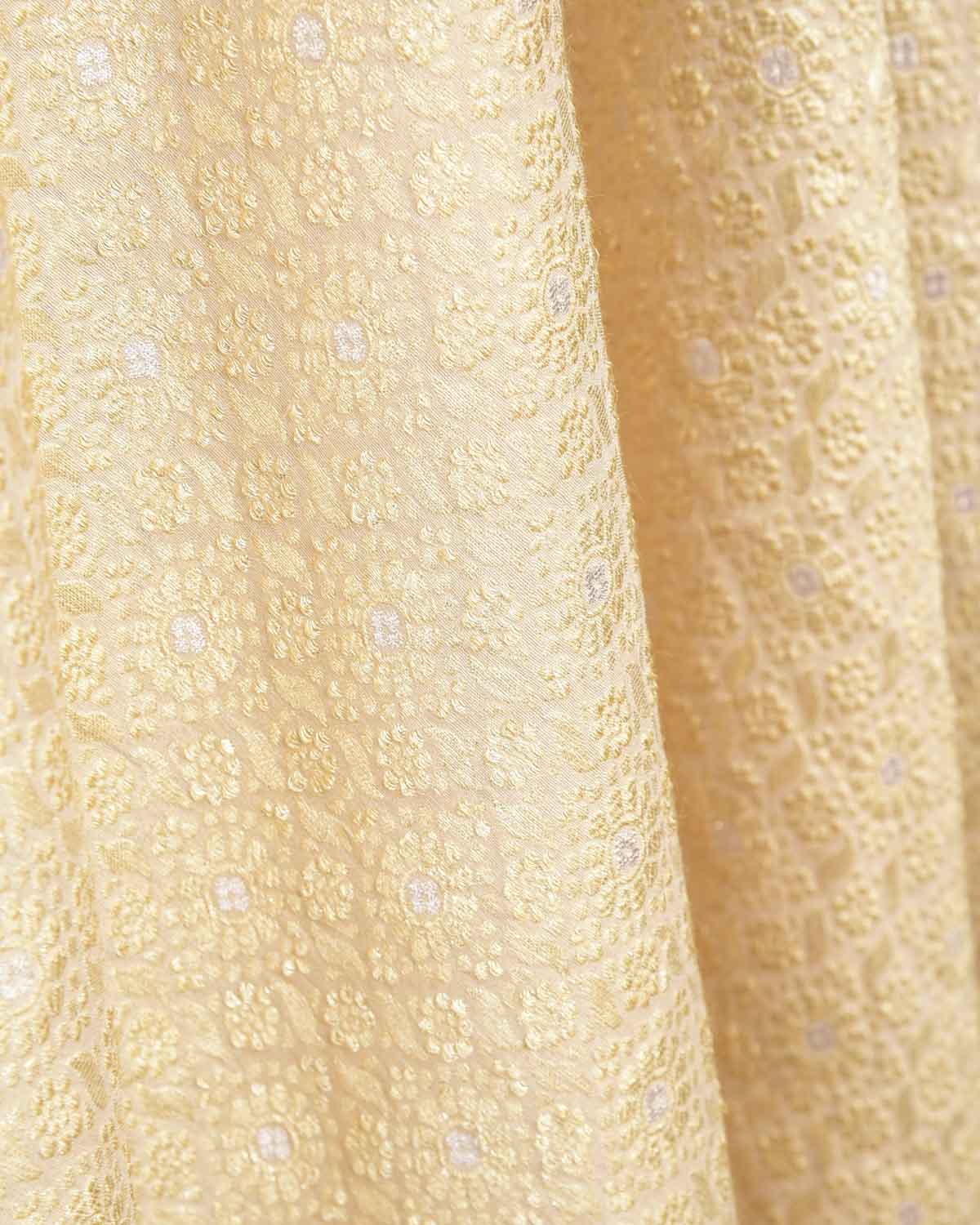 Beige Gold & Silver Zari Damask Brocade Handwoven Muga Silk Fabric-HolyWeaves