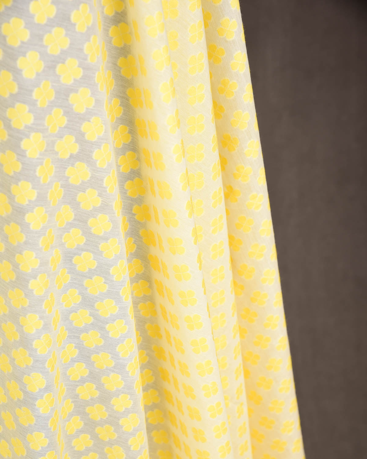 Yellow On Ivory White Cutwork Brocade Woven Cotton Silk Banarasi Fabric-HolyWeaves