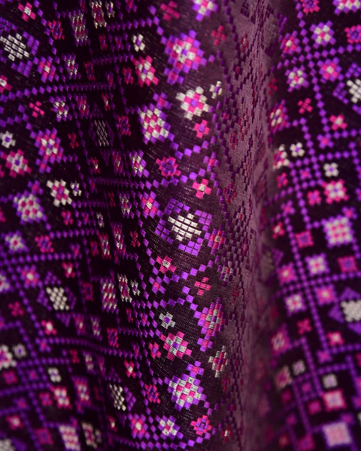 Purple Luxury Patola Jamawar Brocade Handwoven Katan Silk Banarasi Fabric-HolyWeaves