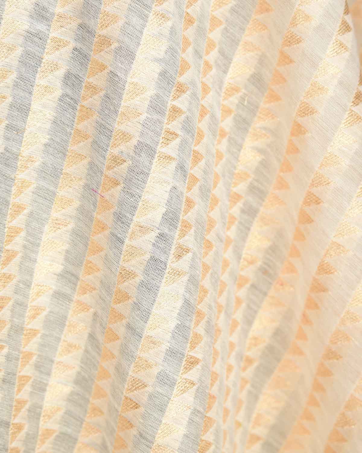 Ivory White Gold Zari Bunting Stripes Cutwork Brocade Handwoven Cotton Silk Banarasi Fabric-HolyWeaves