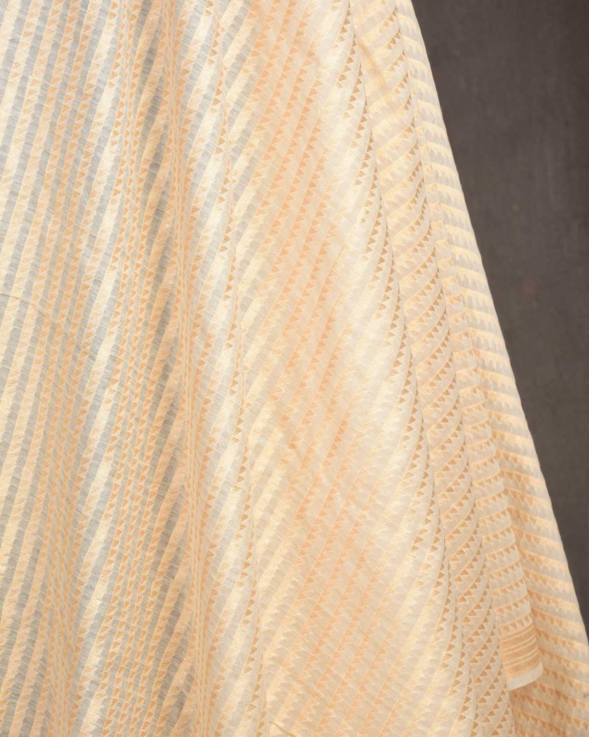 Ivory White Gold Zari Bunting Stripes Cutwork Brocade Handwoven Cotton Silk Banarasi Fabric-HolyWeaves