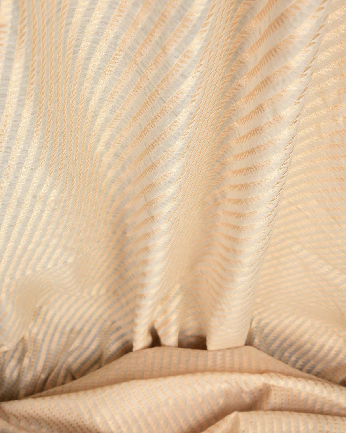 Ivory White Gold Zari Bunting Stripes Cutwork Brocade Handwoven Cotton Silk Banarasi Fabric-HolyWeaves